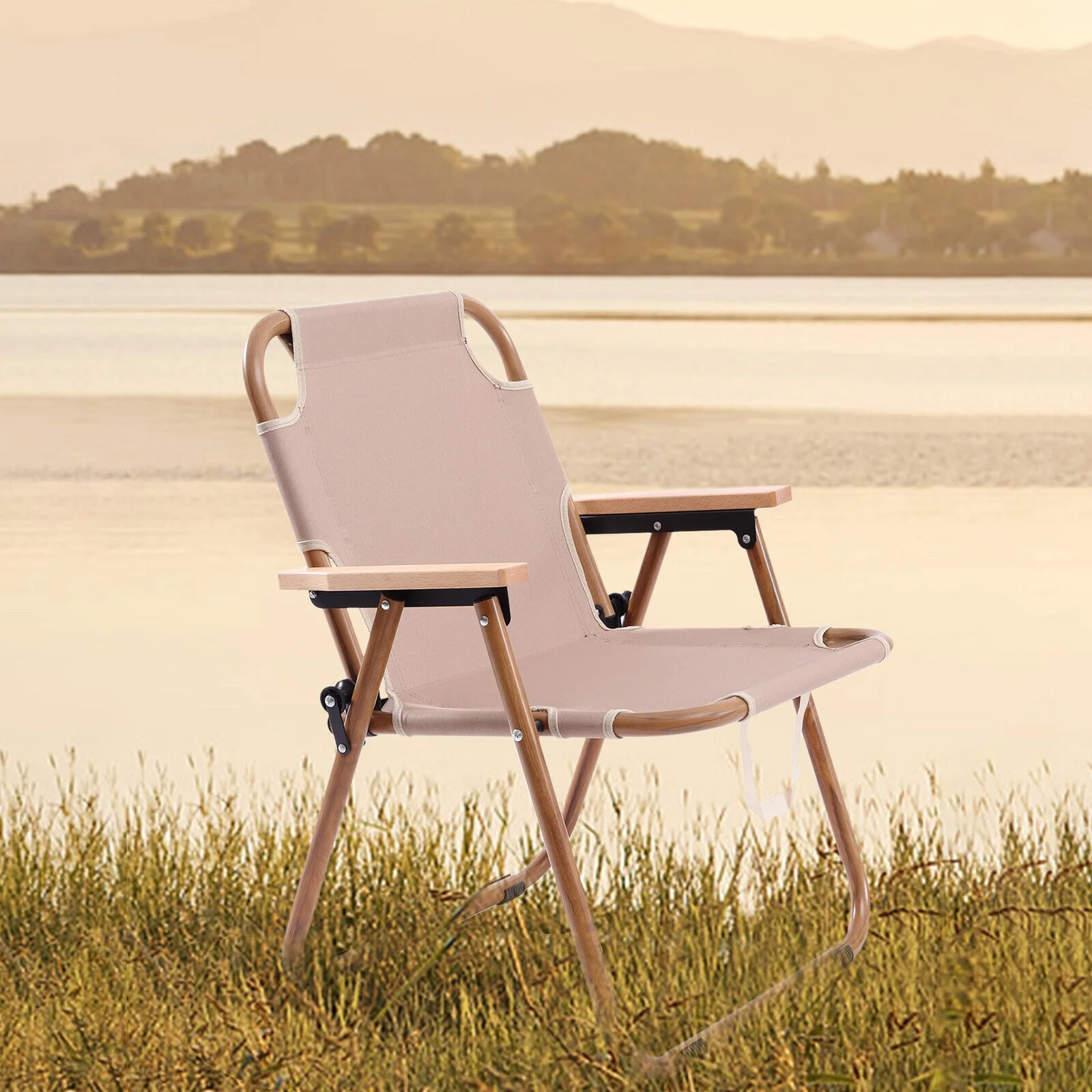 Miumaeov Portable Folding Camping Chair Outdoor Furniture Khaki 600D Oxford Fabric Aluminum Camping Chair with Carrying Handle Anti-Slip Pads for Beach Camping Fishing Hiking Trips