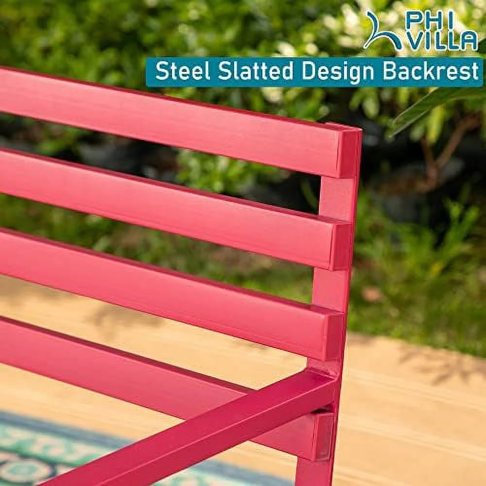 Outdoor Garden Bench Set With Single Seat Chair & Metal Side End Table, Metal Conversation Set For Patio, Lawn, Balcony, Yard, Porch - Red