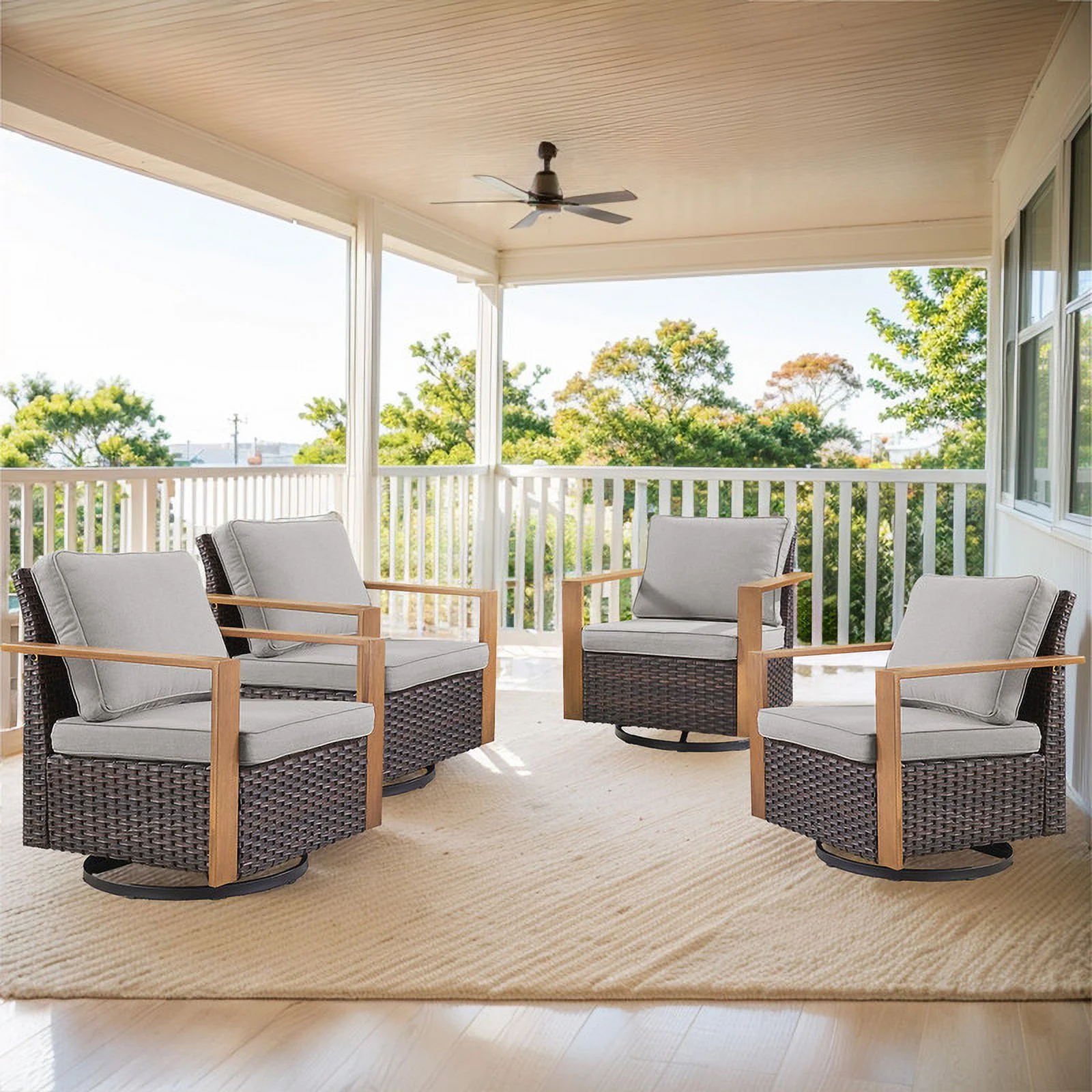 PARKWELL Outdoor Swivel Glider Chair Set of 4, Patio Cushioned Lounge Swivel Rocker Arm Chair for Balcony Yard,Brown Wicker and Gray Cushions