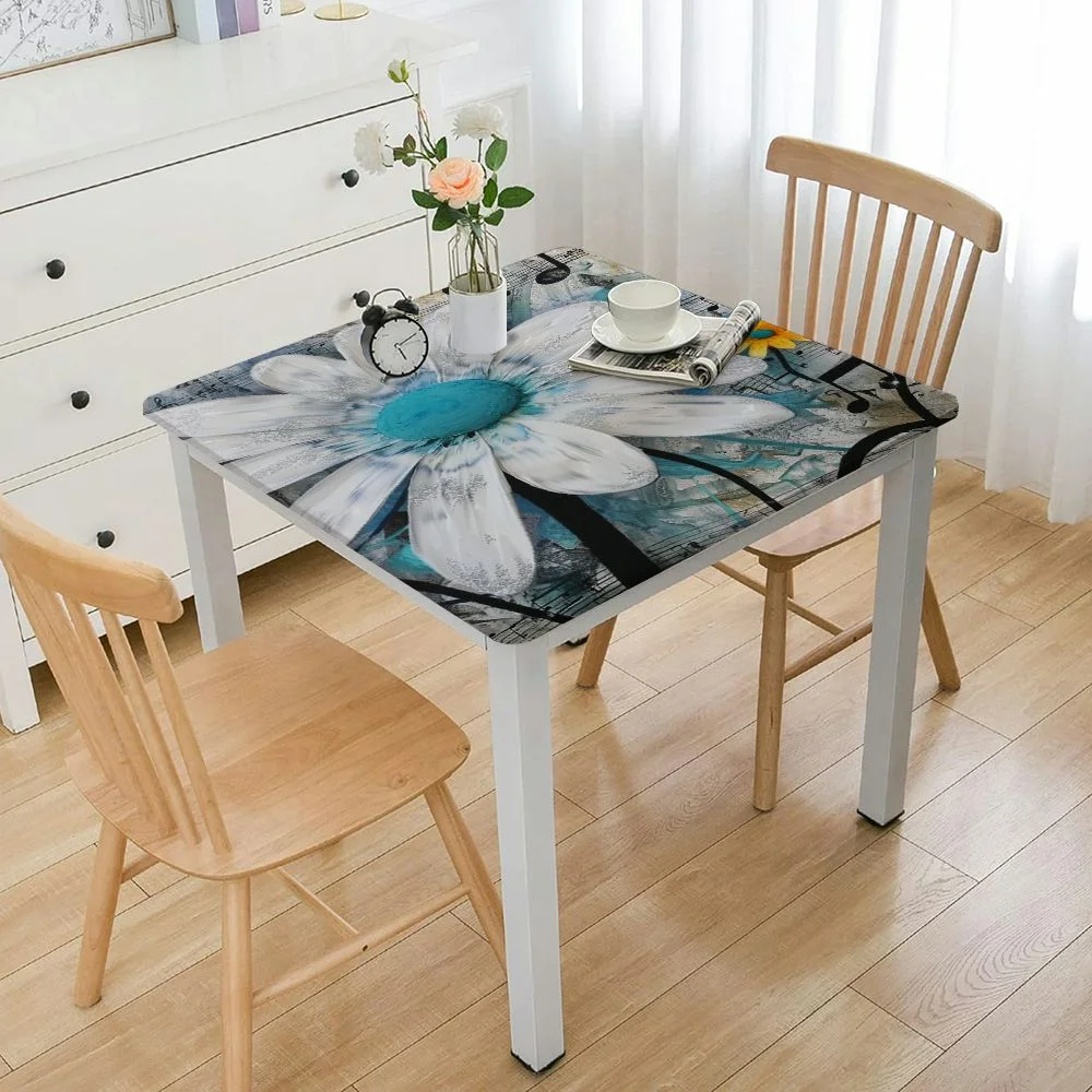 nygtbtfer Elastic Edge Square Fitted Tablecloth, Floral Butterfly Waterproof Wipe Clean Polyester Table Cloth, Great for Outdoor Home Kitchen/Parties/Holiday Dinner, Fit for Square Table white