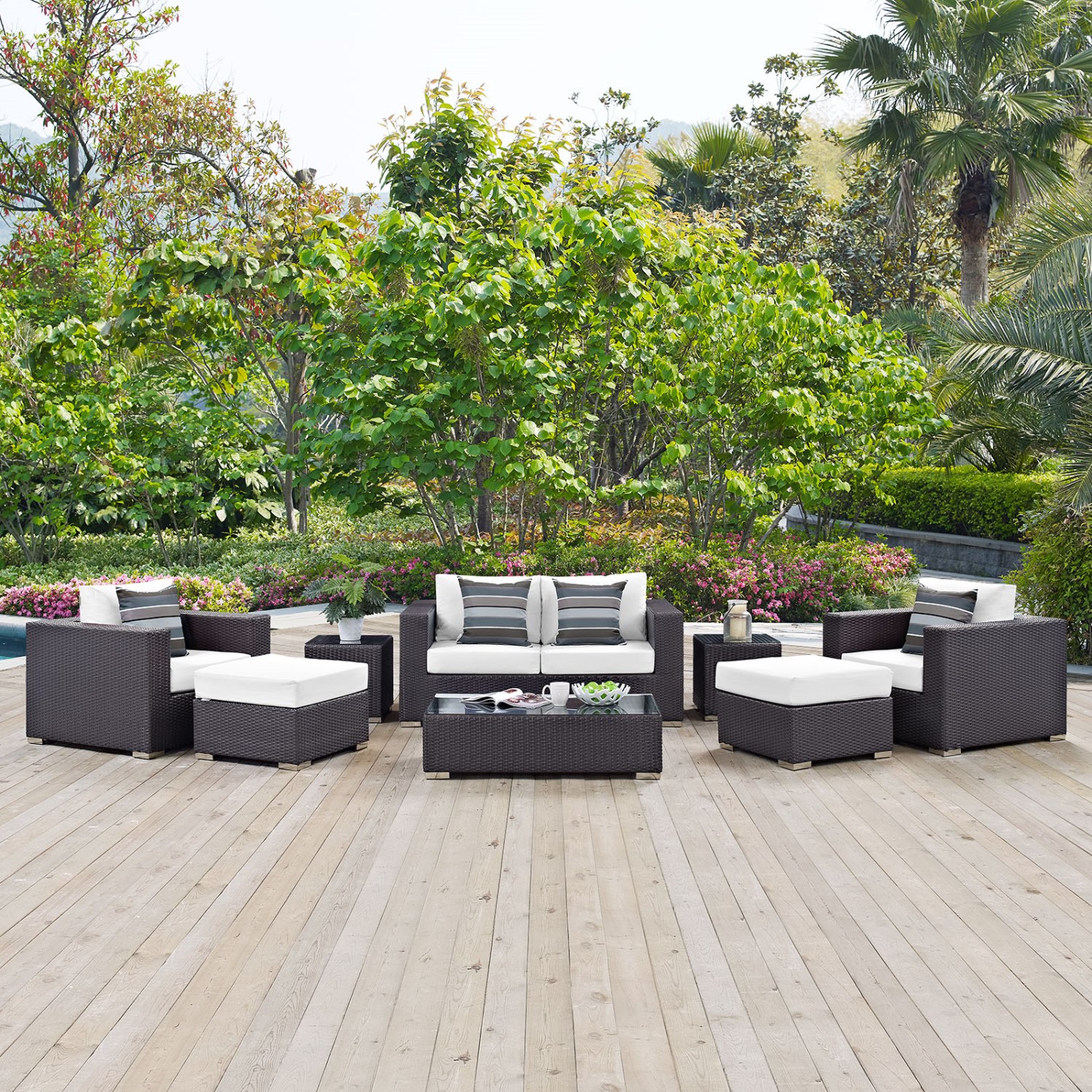 Lounge Sectional Sofa Table Set, White, Rattan, Wicker, Outdoor Patio Balcony Cafe Bistro Garden Hospitality Restaurant, Modern Contemporary HB32976