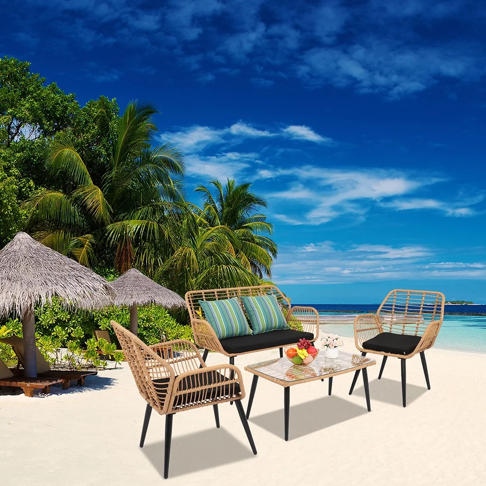 4-Piece Outdoor Patio Bistro Set, Weatherproof Rattan Loveseat and Table Set for Backyard, Balcony, Deck