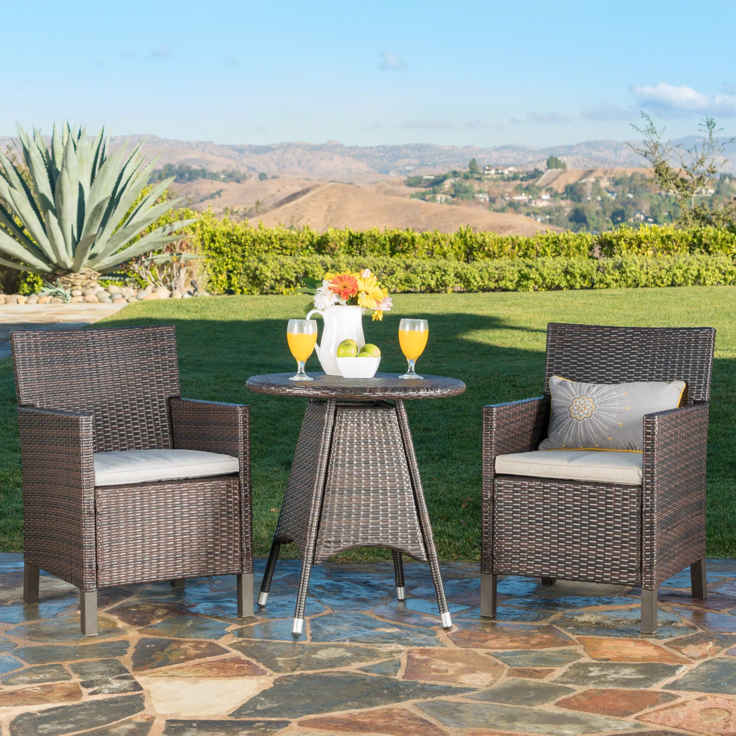 Emanuel Outdoor 3 Piece Wicker Round Dining Set with Cushions, Multibrown, Light Brown