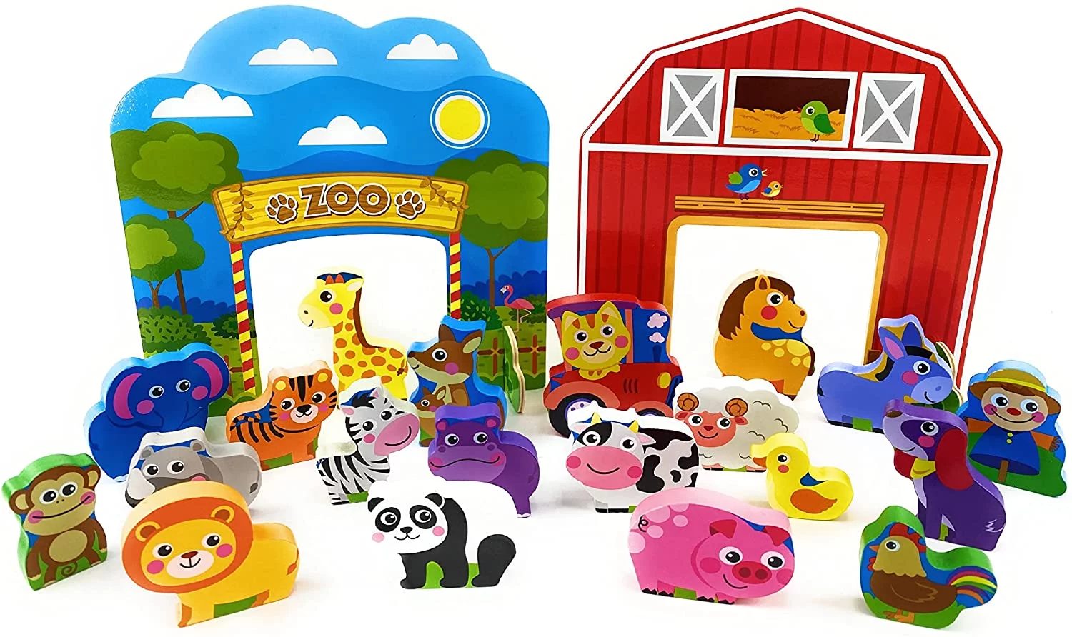 Matty's Toy Stop Deluxe Wood Chunky Farm and Zoo Animal Playsets Gift Set Bundle - 2 Pack (11pcs Each, 22pcs Total)