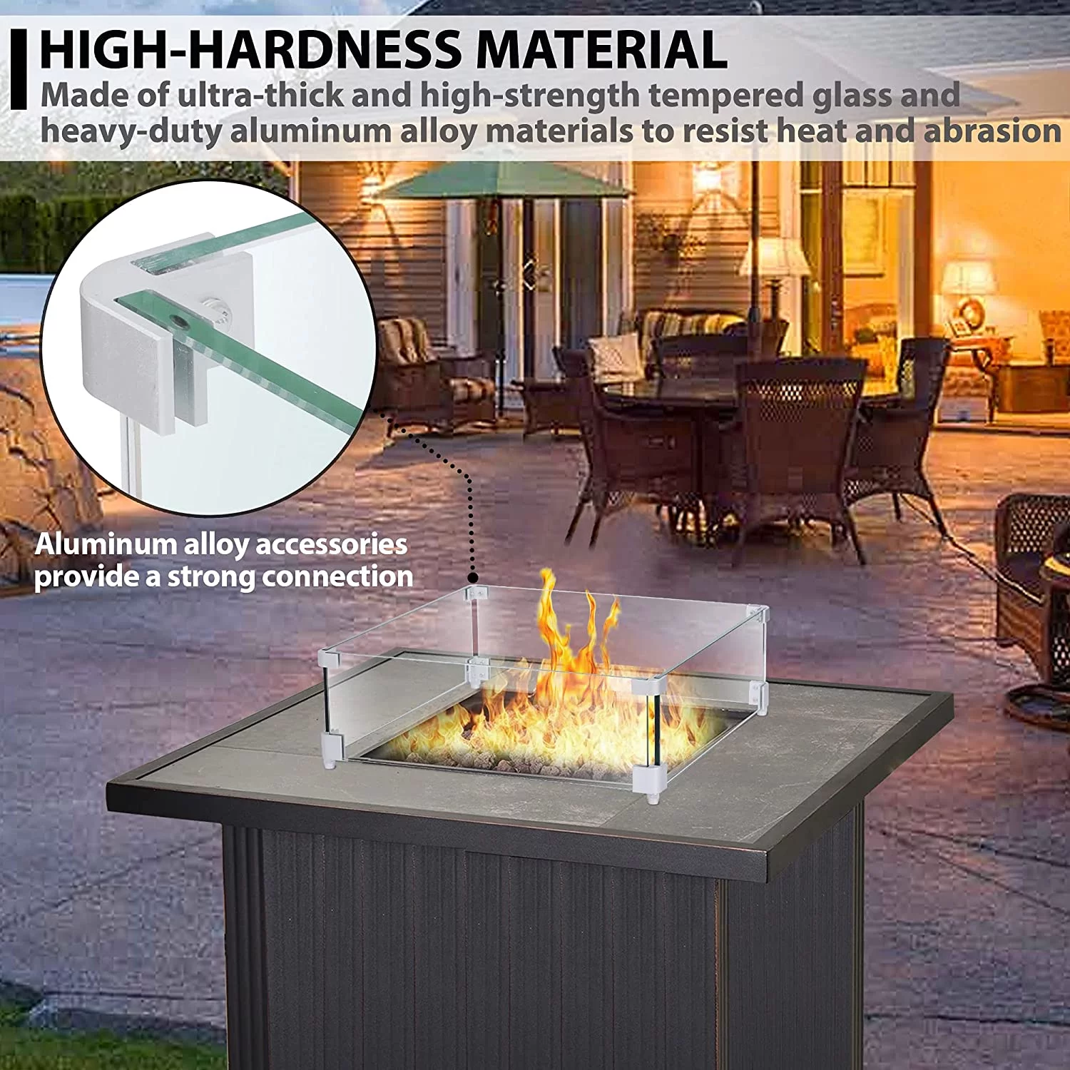 Square Glass Fire Pit Wind Screen, Silver Hardware, 6 in x 19 in Assembled Product Length, Lafuria