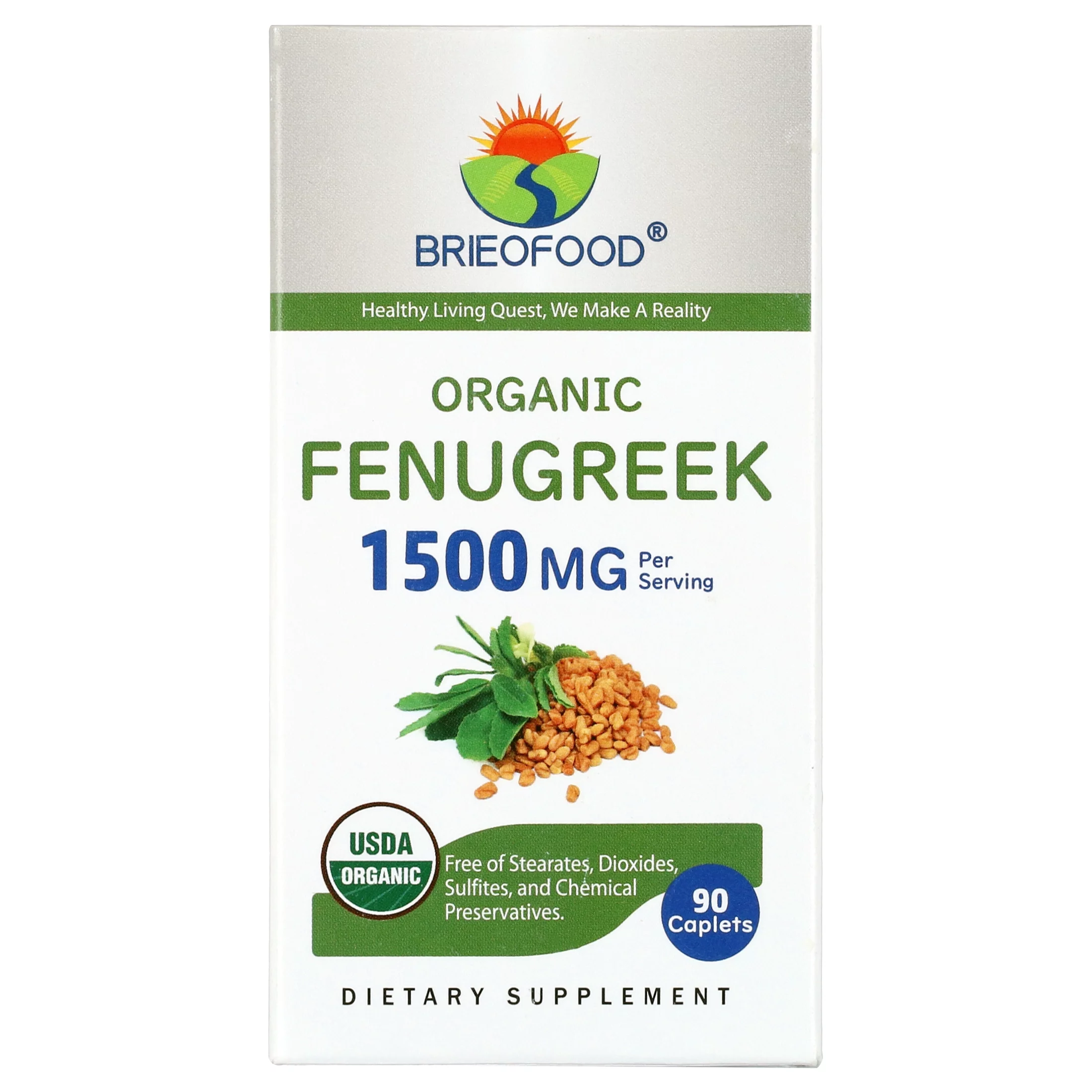 Brieofood Organic Fenugreek 1500mg, 45 Servings, Vegetarian, Gluten Free, 90 Vegetarian Tablets