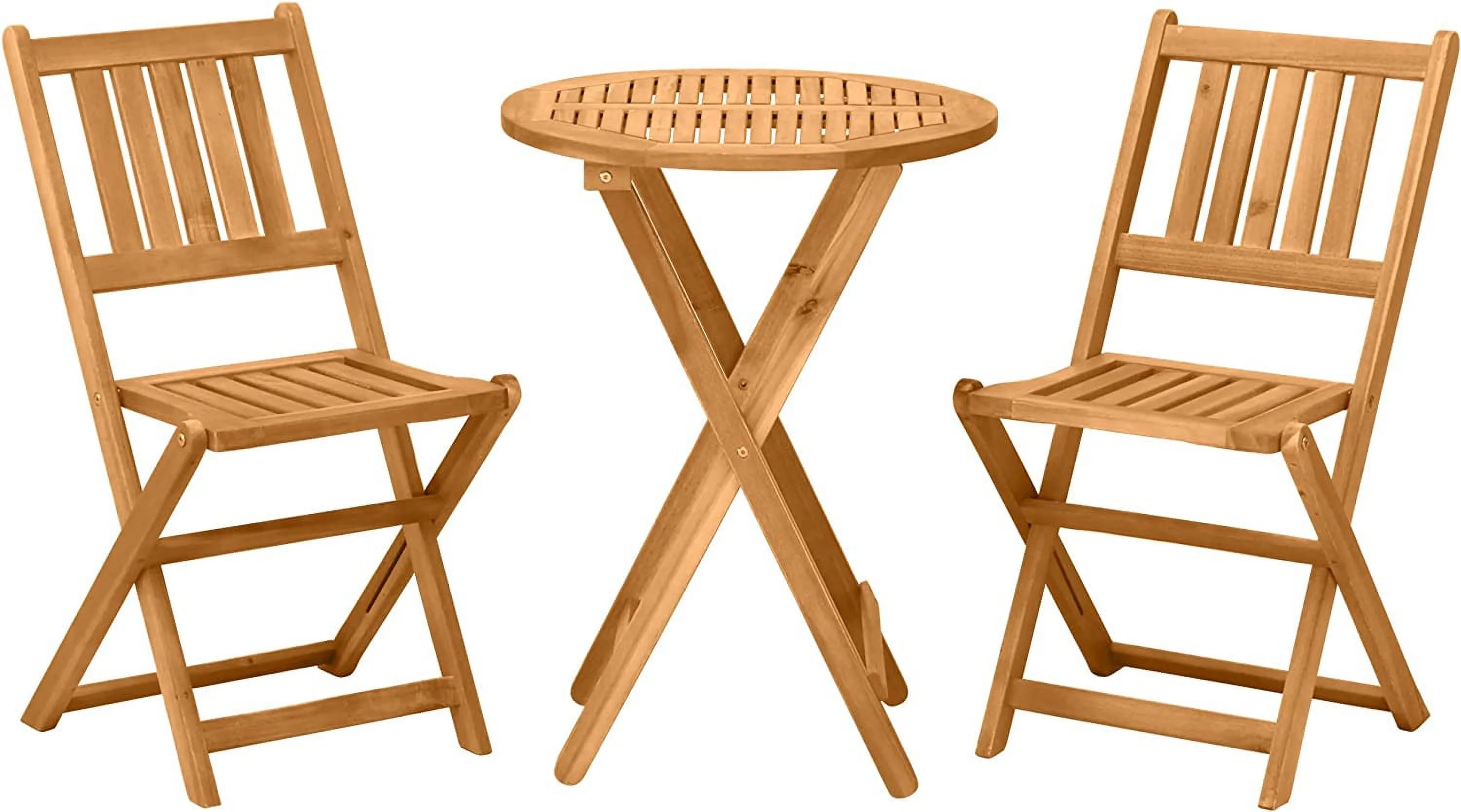 3-Piece Acacia Wood Bistro Set, Folding Patio Furniture with 2 Folding Chairs and Round Coffee Table, Teak, Slatted Finish, for Backyard, Balcony, Deck, Natural