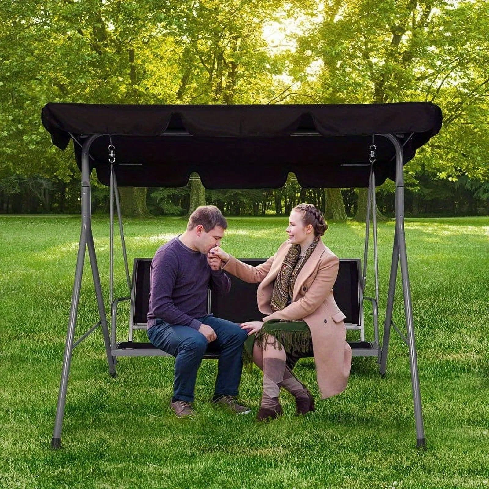 Zateety 3-Person Outdoor Swing Chair Adjustable Canopy Hammock Seats, Patio Porch Garden Swing, Black