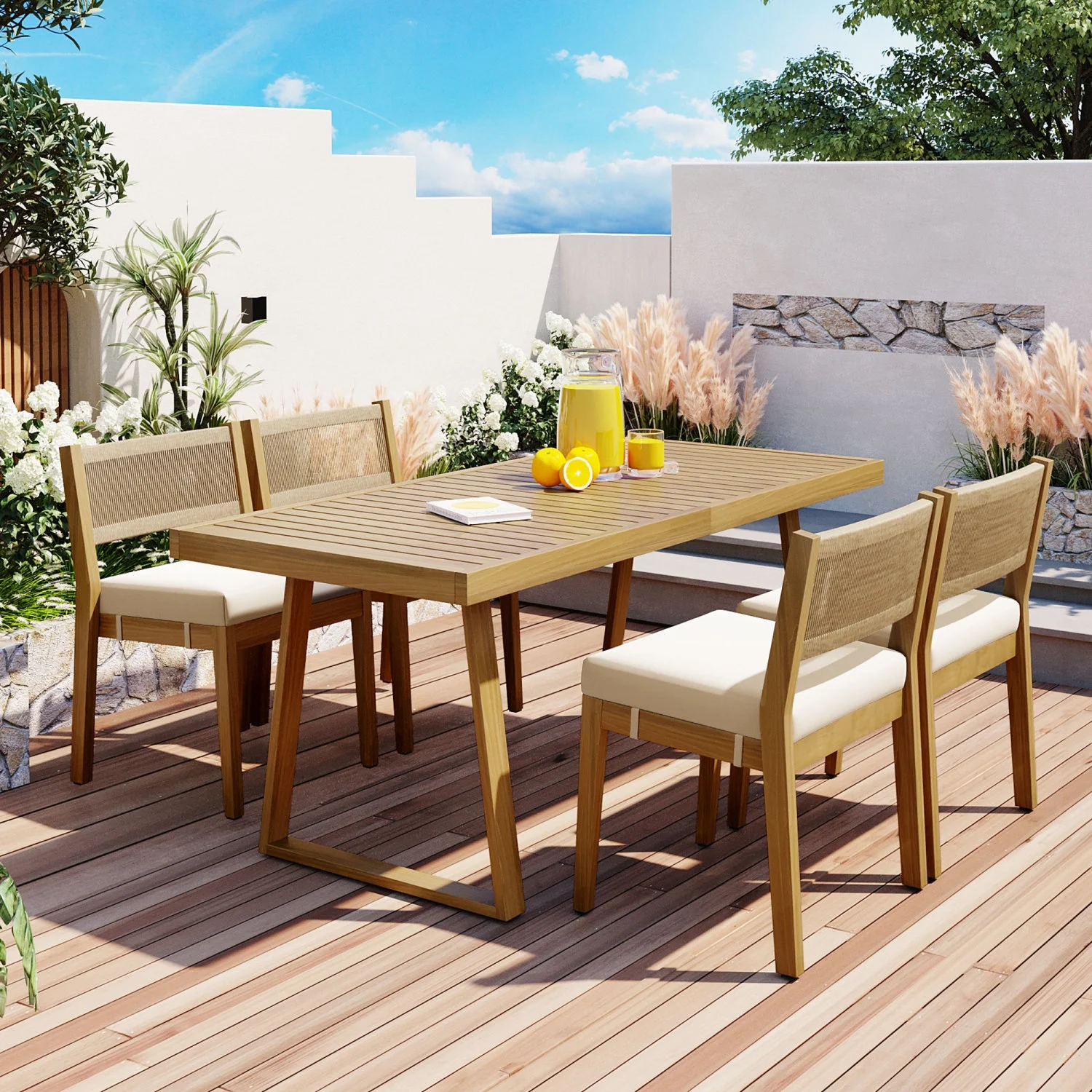 U_Style Multi-person Outdoor Acacia Wood Dining Table and Chair Set  Thick Cushions  Suitable for Balcony  Vourtyard  and Garden.
