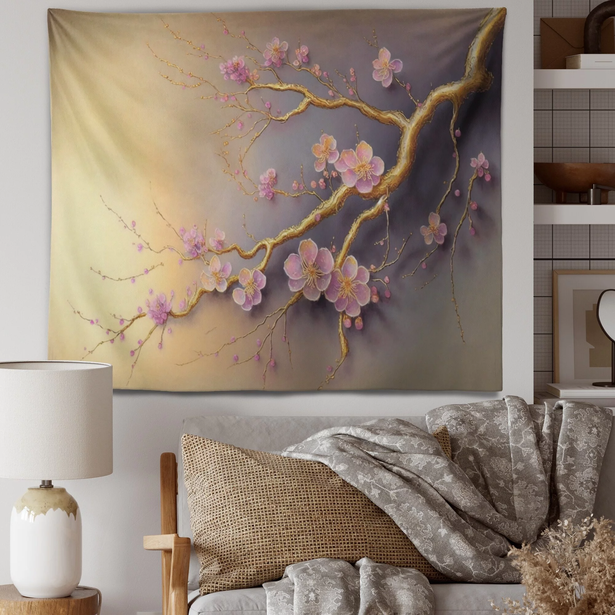DESIGN ART Designart 'Pink And Plum Cherry Blossom Branch VII' Tree Cherry Blossom Wall Tapestry 39 in. x 32 in.