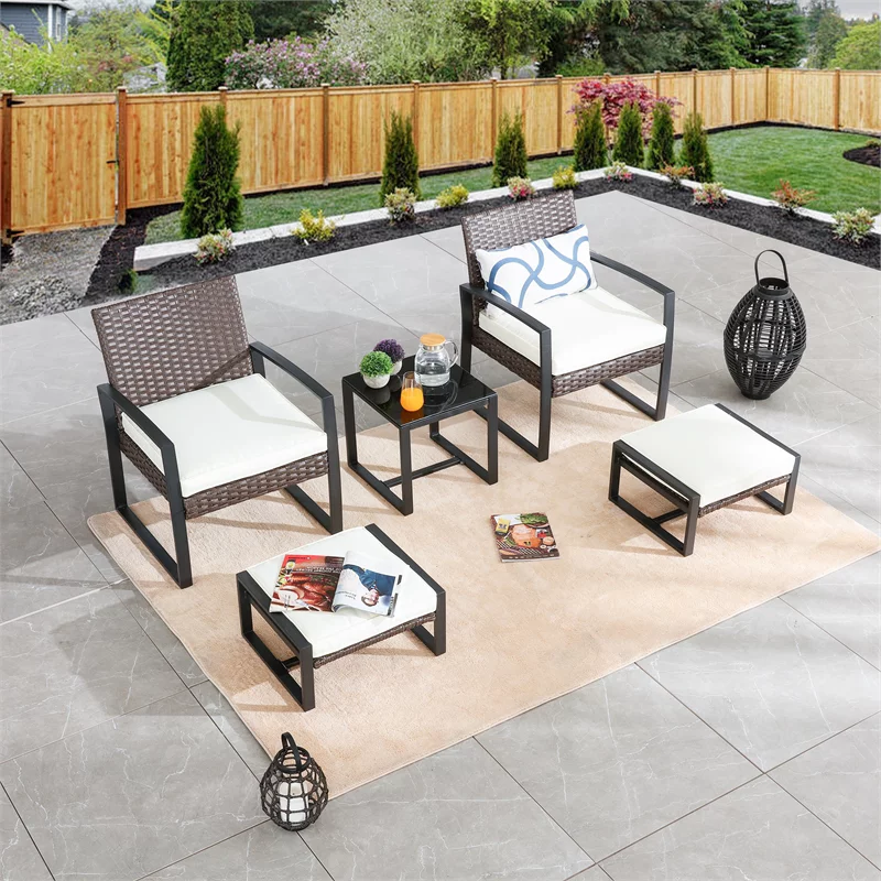 Patio Festival 5-Piece Resin Wicker Conversation Set in Off White and Brown