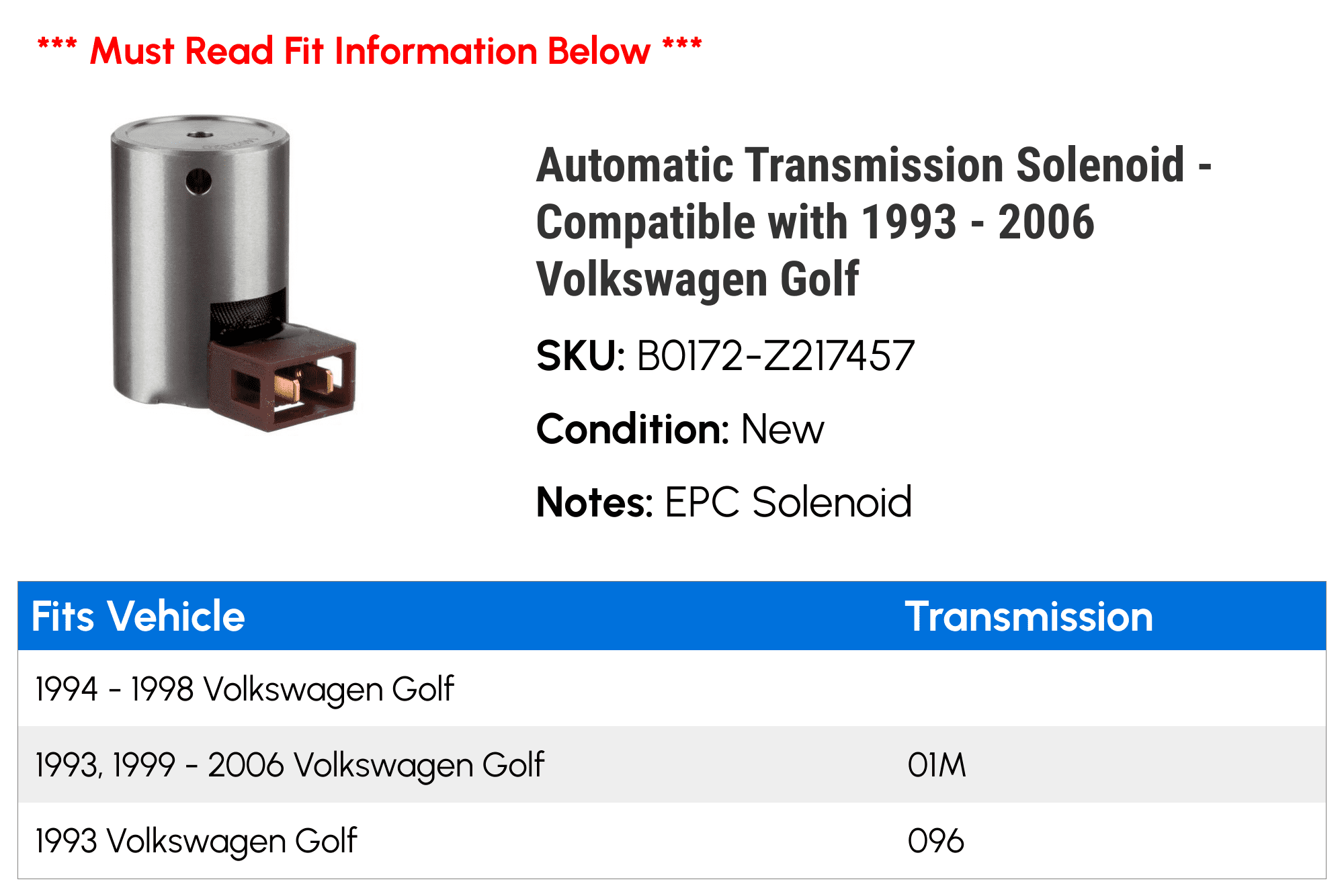 Automatic Transmission Solenoid - Compatible with 1993 - 2006 Volkswagen Golf 1994 1995 1996 1997 1998 1999 2000 2001 2002 2003 2004 2005