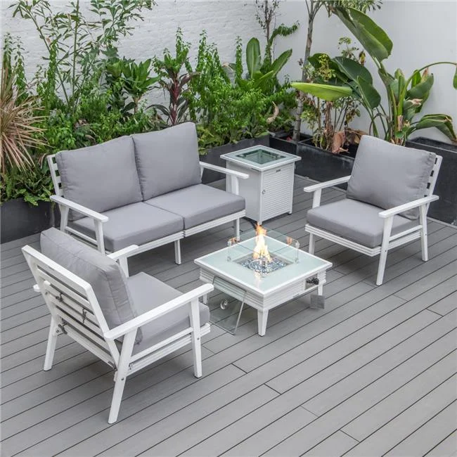 Walbrooke Modern White Patio Conversation with Square Fire Pit Slats Design & Tank Holder, Gray
