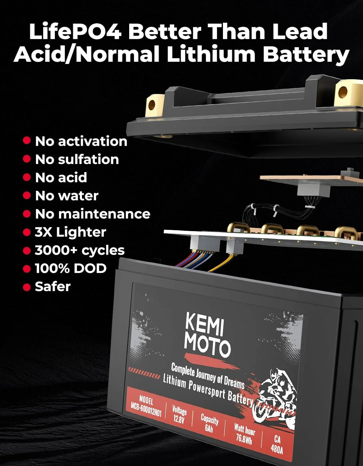 KEMIMOTO Lithium Motorcycle Battery YTX14-BS/YTX9-BS/YTX12-BS, LiFePO4 Lithium Battery 12v 6Ah with 5 Spacers, Generator Battery with Copper Terminal, Compatible with Motorcycle Lawn Mower ATV UTV