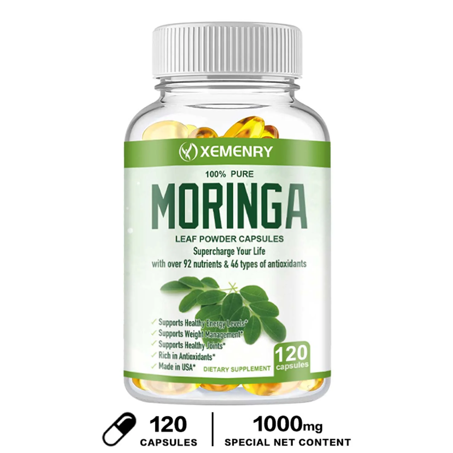 Xemenry Moringa 1000mg -100% Pure Natural Green Superfood, Energy Booster, Antioxidant(30/60/120pcs)