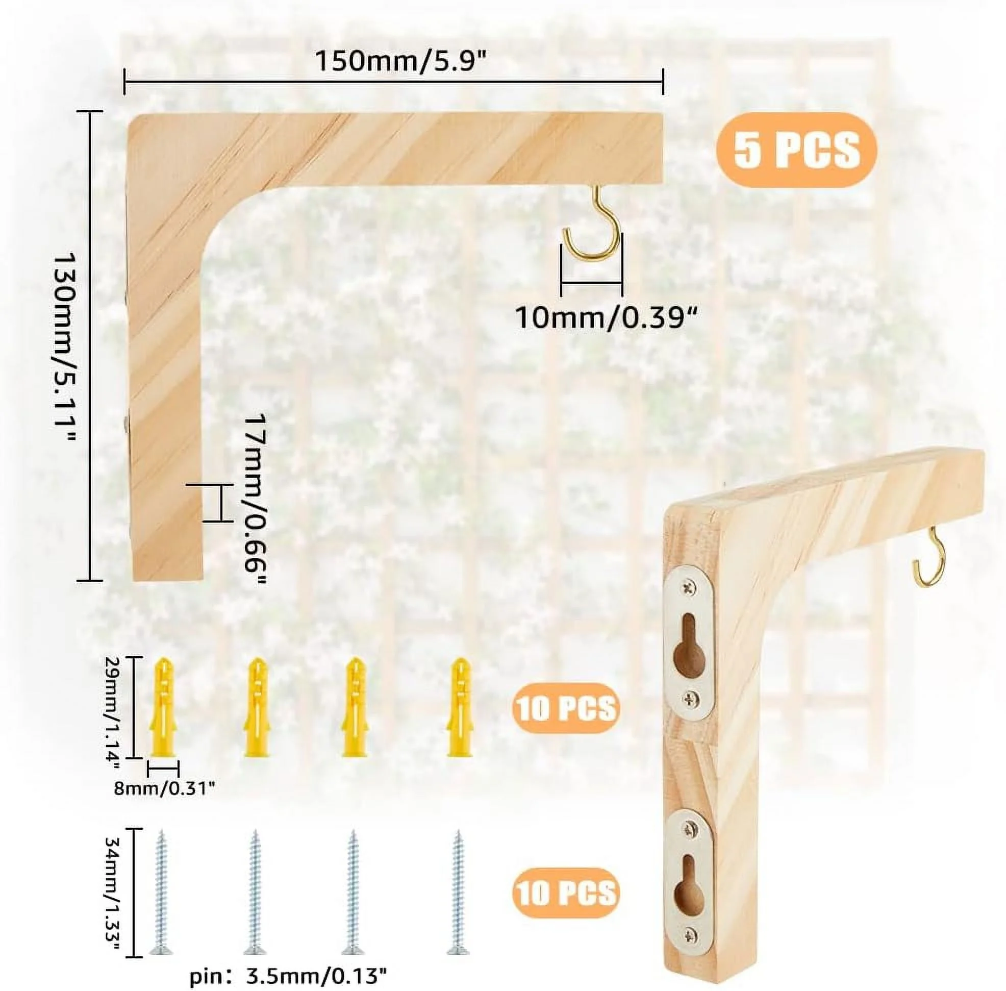 Wooden Plant Hanger Hook Heavy Duty Hanging Plant Bracket Decorative Wall Plants Hangers Indoor with 2pcs Screws and 2pcs Anchor Plugs Hole: 10mm