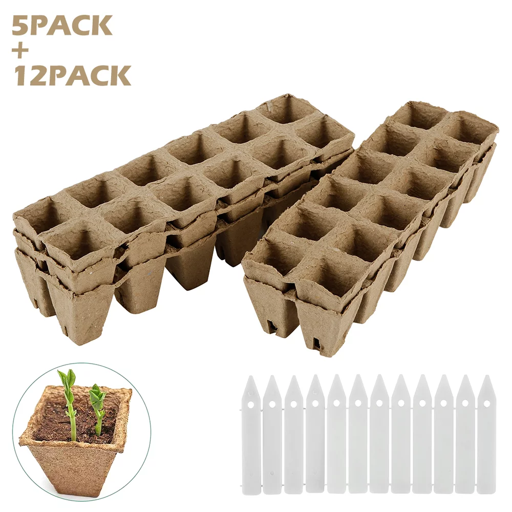 HOTBEST 12 Grid Square Seedling Tray Biodegradable Pulp Set 5 Baby Paper Cups + 12 Labels Brown