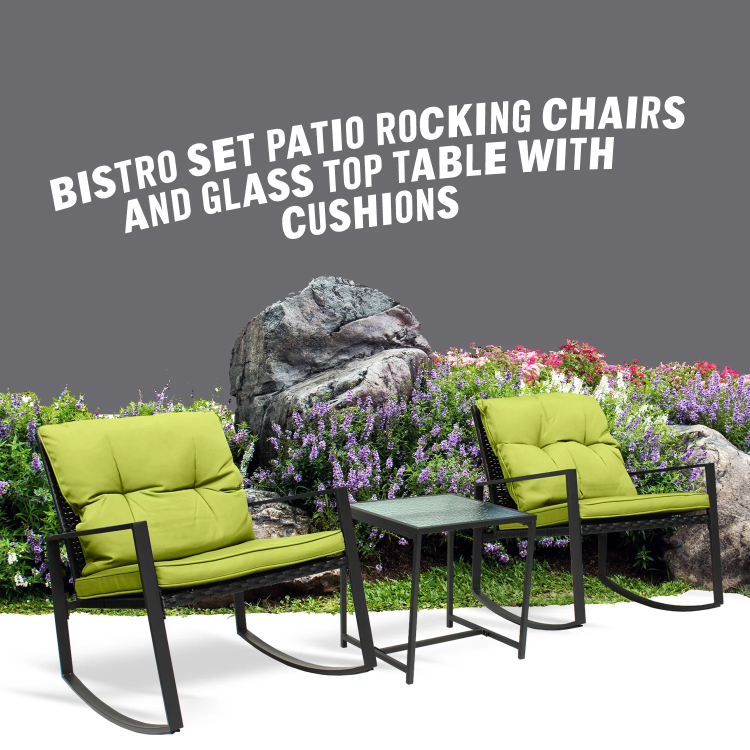 Patio 3-Piece Rocking&nbsp;Rocking Chair Set: Black Wicker Furniture-Two Chairs with Glass&nbsp;occasional&nbsp;Table