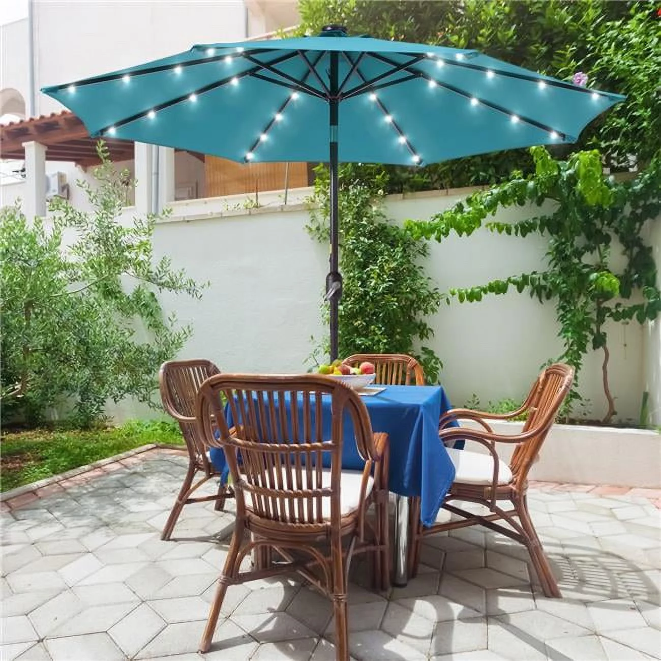 SANLUCE  9 ft. Solar Lighted LED Outdoor Patio Market Table Umbrella in Lake Blue, UV-Resistant Canopy and Tilt Button