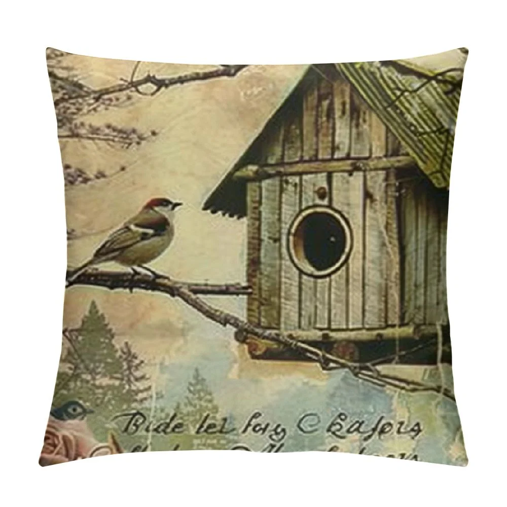 Qlloopoed Vintage Mountain Lake Cabin Scenery Pillow Covers Decor Warm Memories Quote with Robin Bird Nest Throw Pillow Case Square Cushion Cover for Chair Couch White