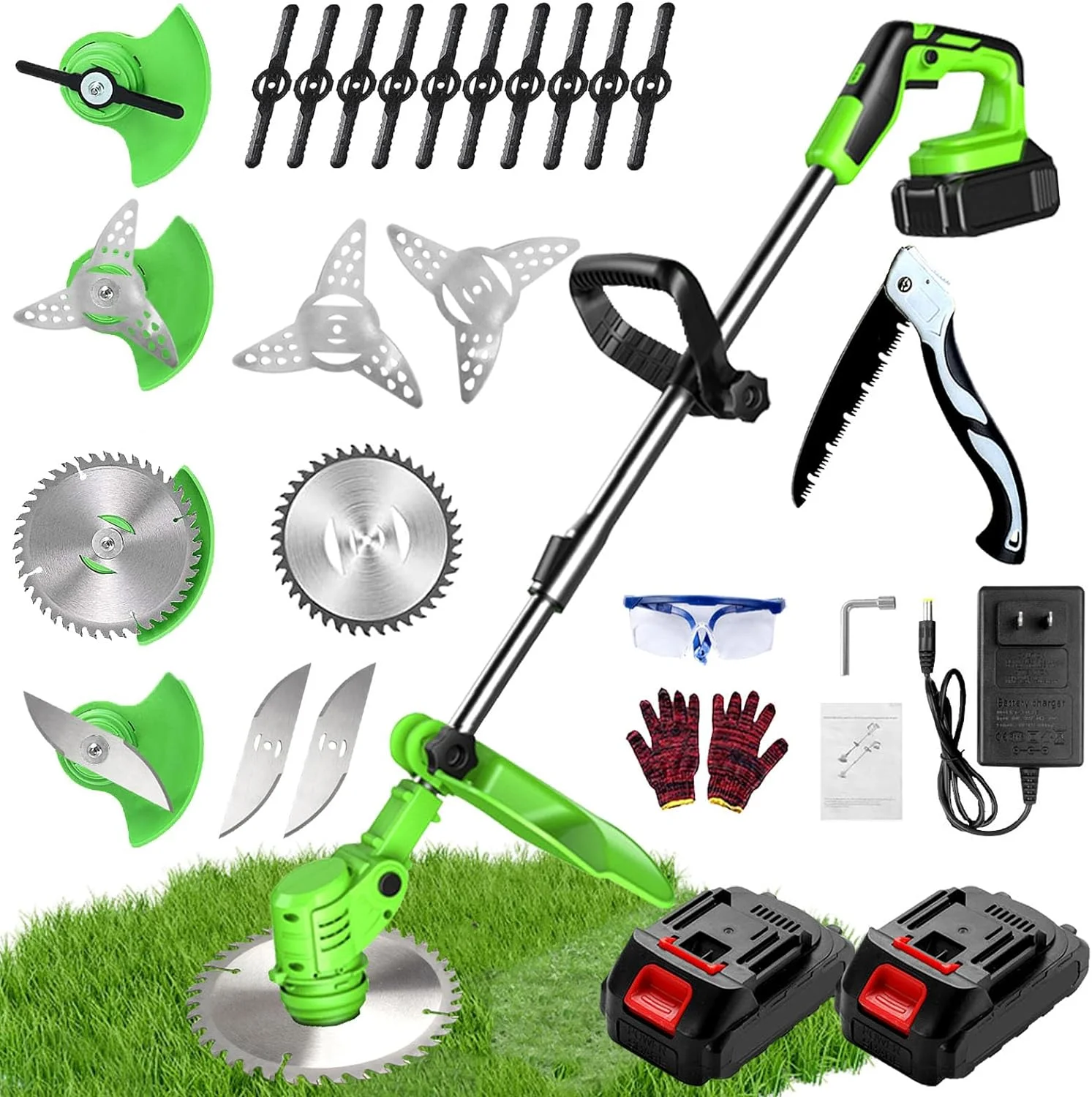 Weed Wacker, 21V 2.0Ah Electric Weed Eater, Weed Wacker Cordless with 4 Types of Blades, Weed Eater Battery Powered with 2 x Battery and Charger, Brush Cutter Retractable Length, Suitable for Garden
