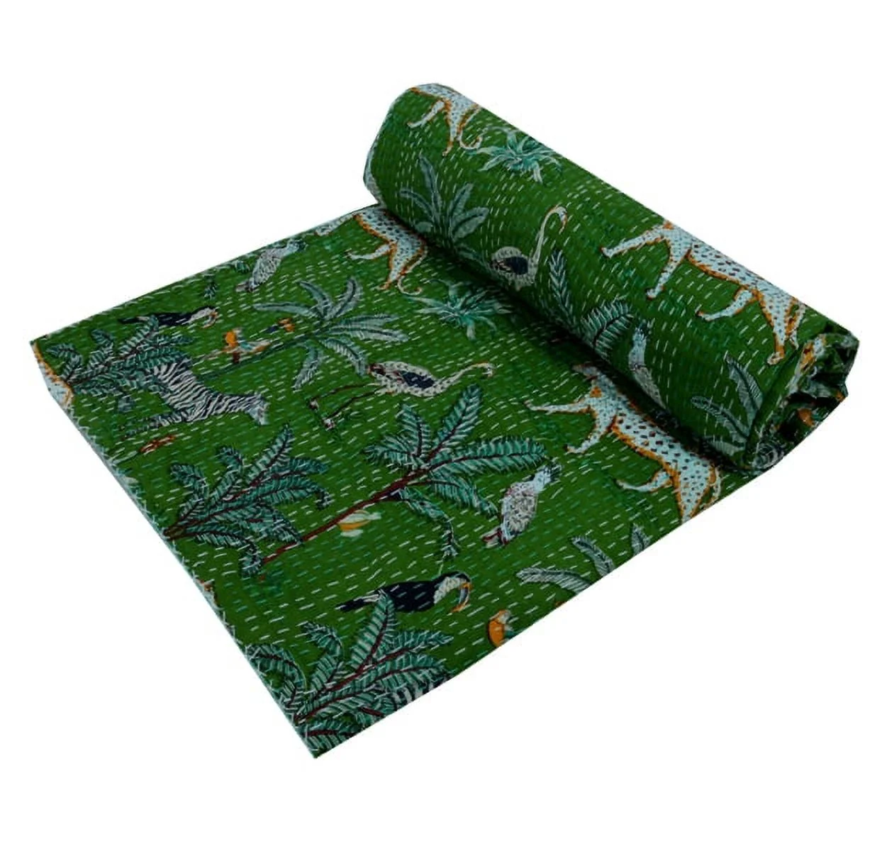 Green Animal Print Quilt Queen Kantha Quilt Bedspread Cotton Blanket Indian Bed Cover Bohemian Quilt Kantha Quilt Queen Size