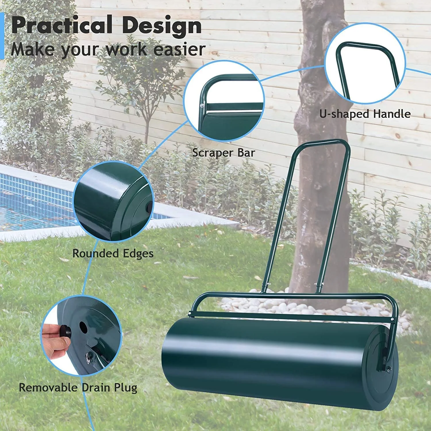 Lawn Roller, 13 Gallons/48 L Push/Pull Steel Sod Roller w/Ergonomic Handle, Lawn Rollers Tow Behind Water Filled for Park, Garden, Yard, Ball Field (24