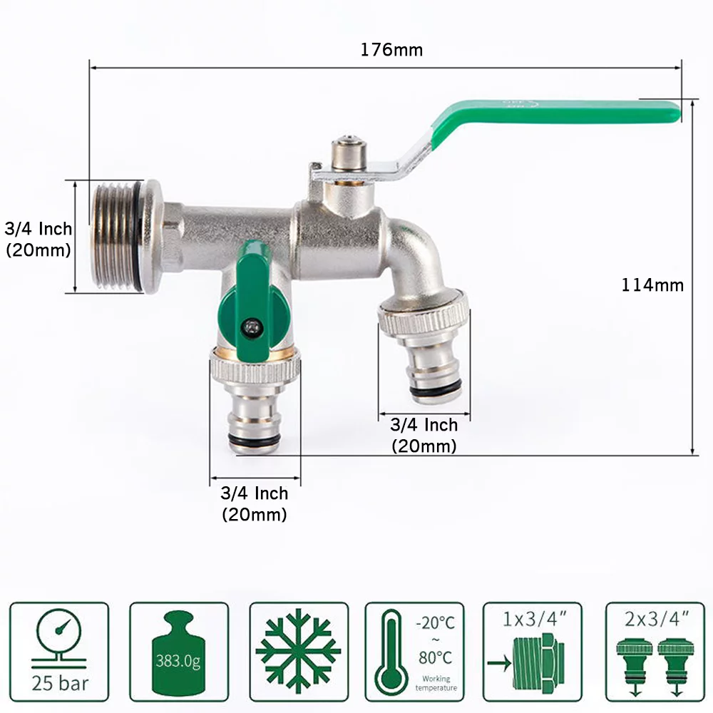 moobody Double Tap 3/4 Inch and 1 * 3/4 Inch Outlet with Thicken Outlet Valve Detachable for Garden Drinking Water Farm Crops with Green Handle