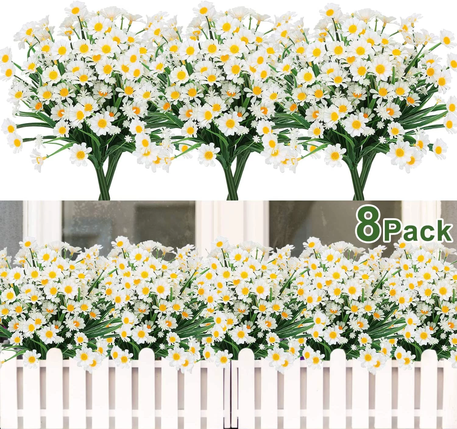 Morttic Artificial Daisy Flowers, 8PCS Fake Daisy Greenery Bush Faux Plastic Shrubs Garden Porch Window Home Kitchen Indoor Outdoor Spring Decorations, White