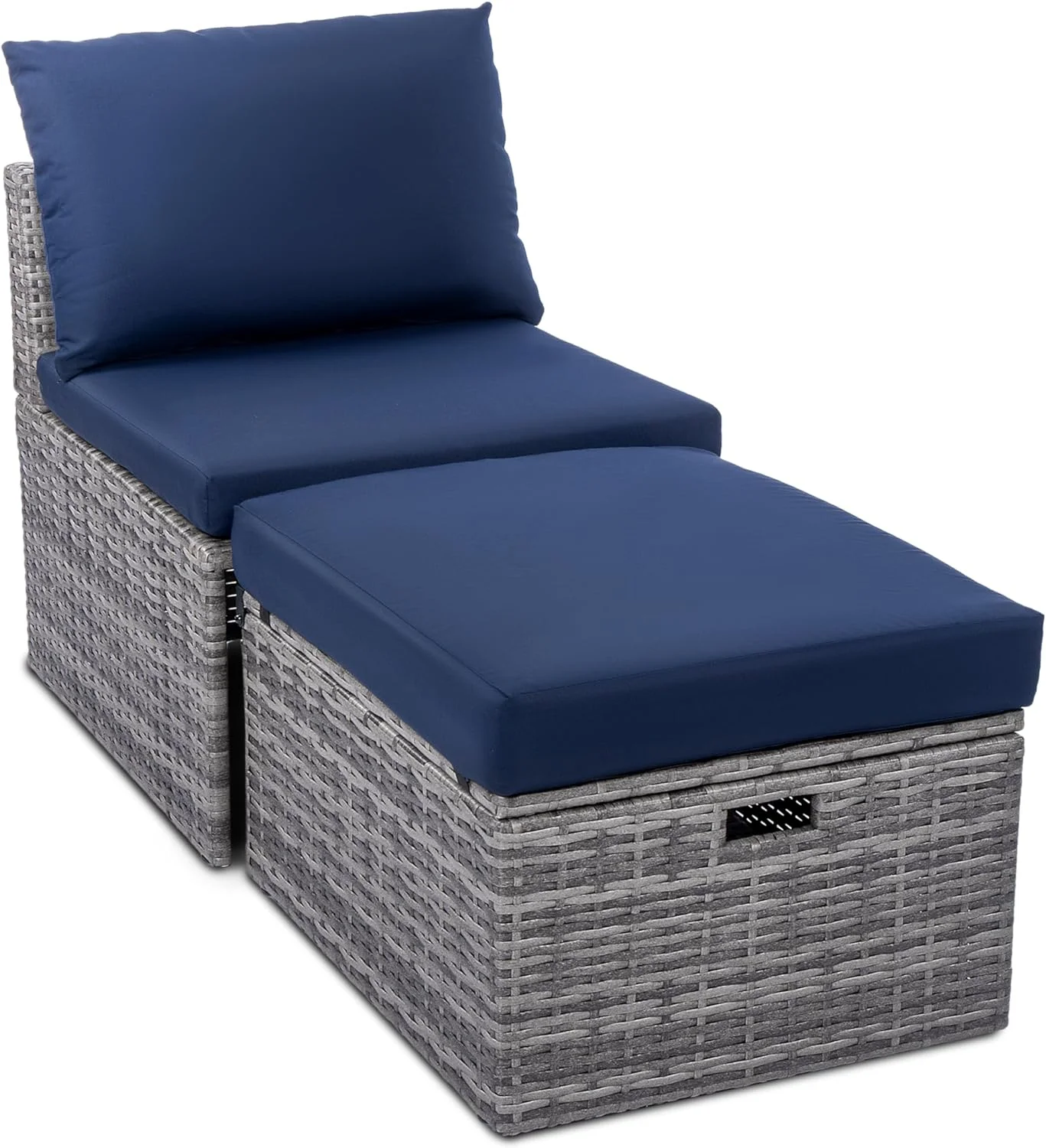 DALEI w Backyard Expressions 2 Pc. Outdoor Conversation Chair Set with Storage and Ottoman, 250lb Weight Capacity, Navy Blue/Grey Wicker
