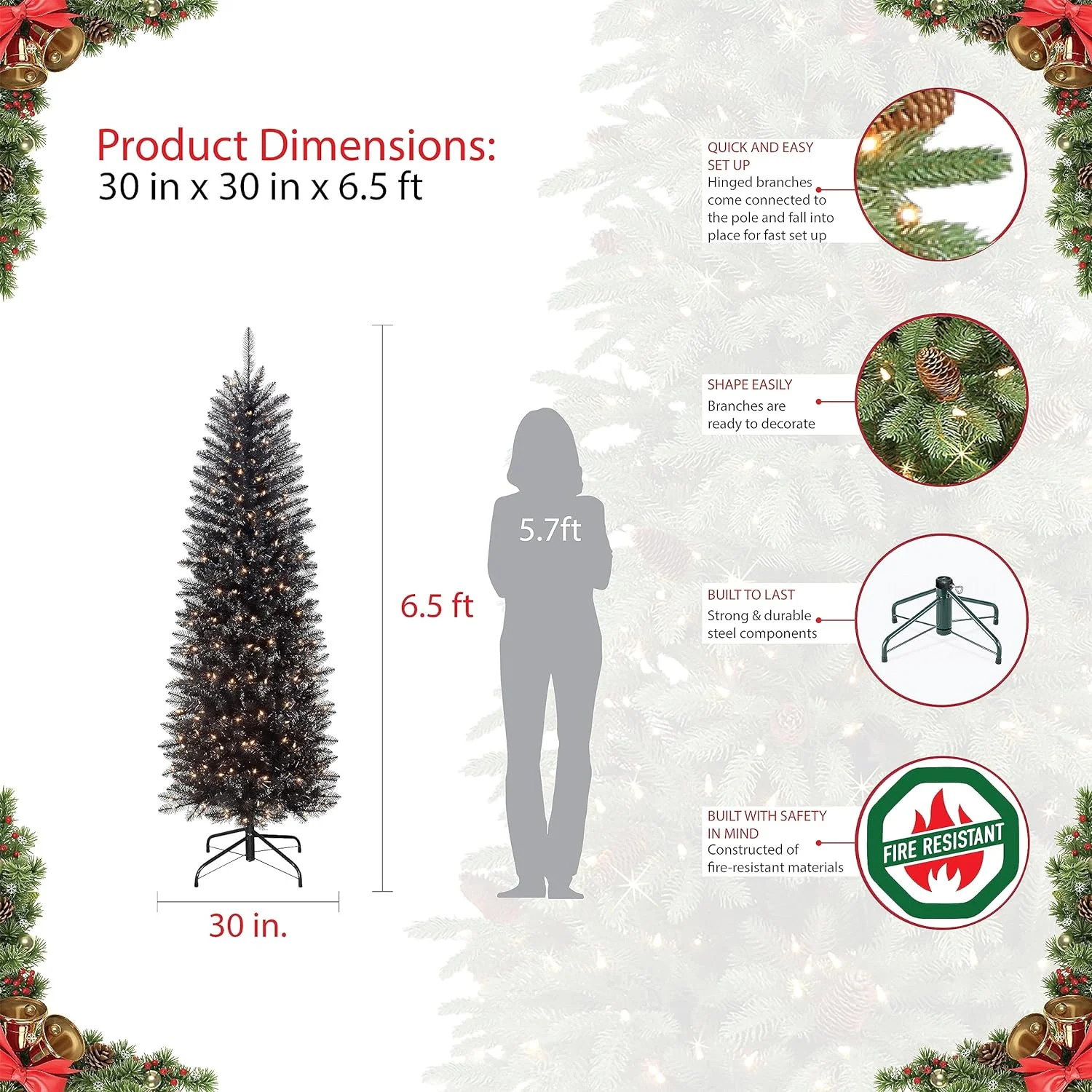 HYUN Pre-Lit 6.5' Black Pencil Fraser Fir Artificial Christmas Tree with 250 Lights