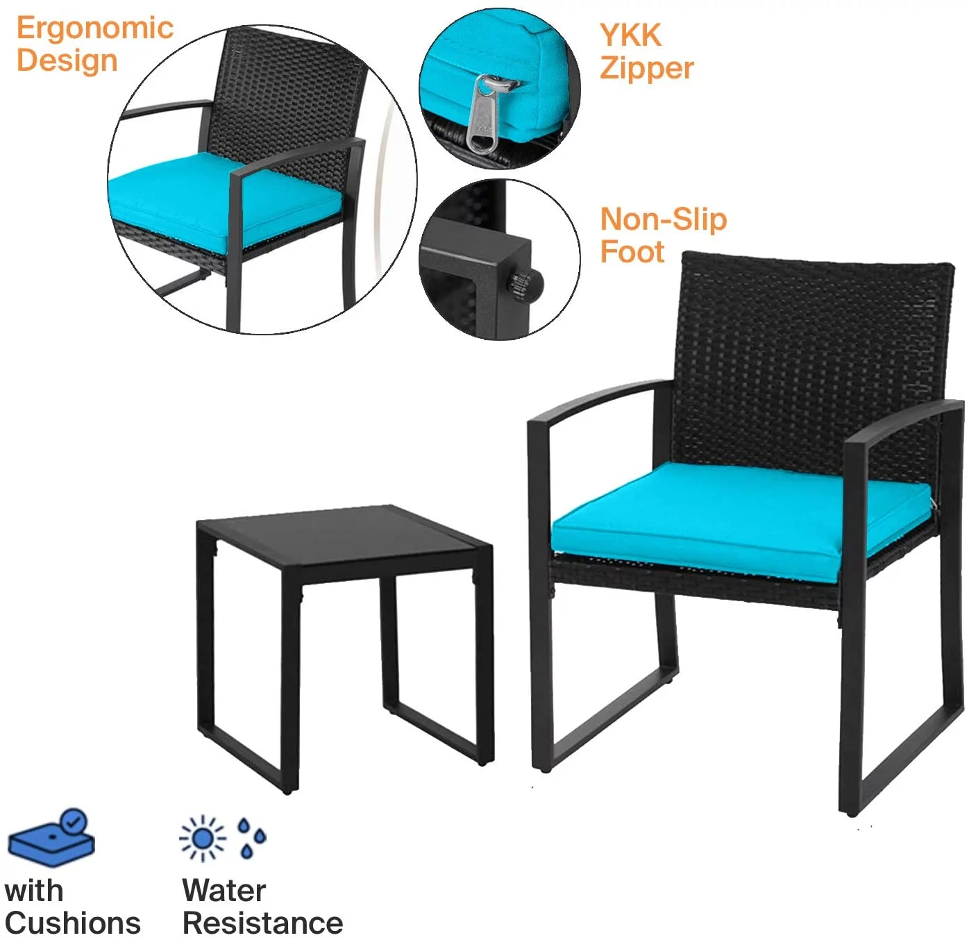 Patio Garden Balcony and Backyard 3-Piece Conversation Black Wicker Furniture-Two Chairs with Glass Coffee Table Light Blue