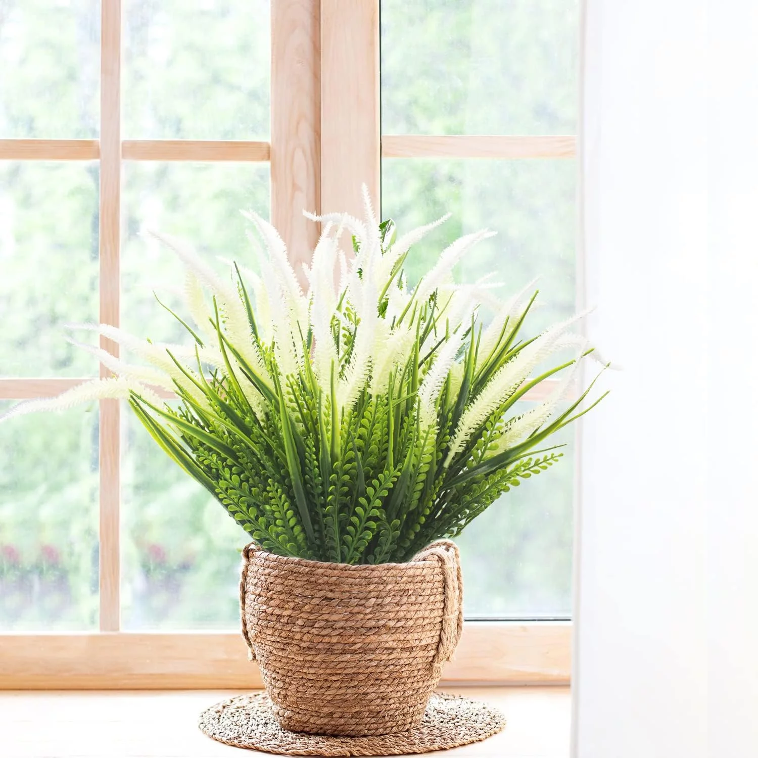 Namzi 12 Bundles Artificial Plants Outdoor Fake Grass with Flowers UV Resistant Greenery Garden Porch Window Box Decorating (White)