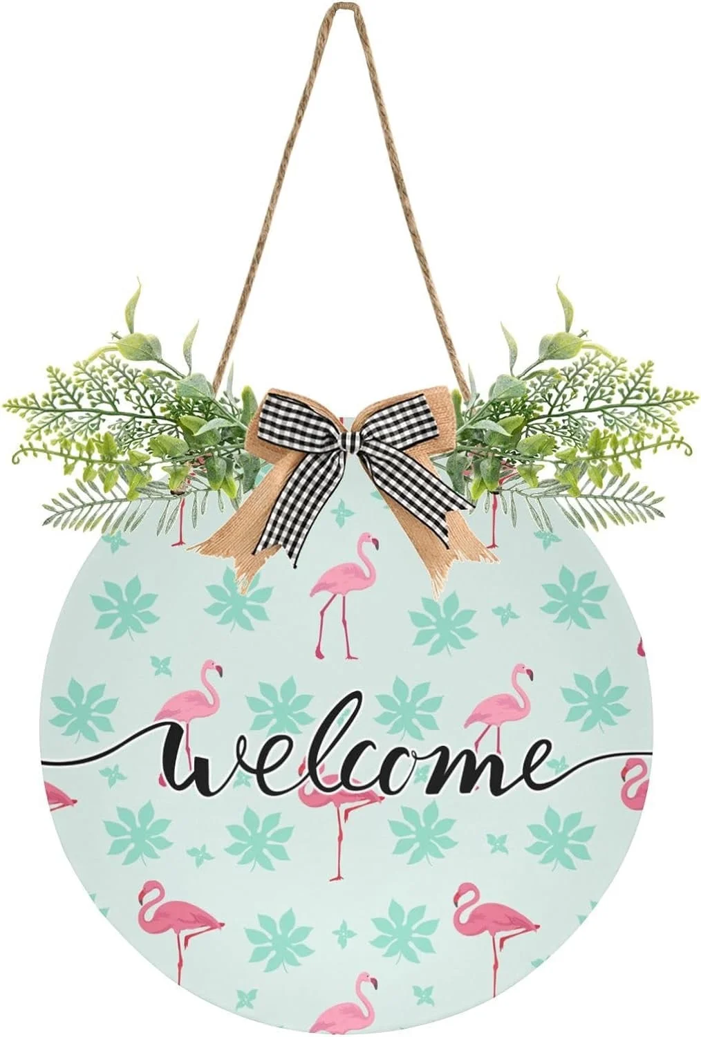 Flamingo Plant Welcome Sign Farmhouse Front Porch Door Hanging Welcome Wreath for Holiday Wall Home 12 X 12 in Home Decor