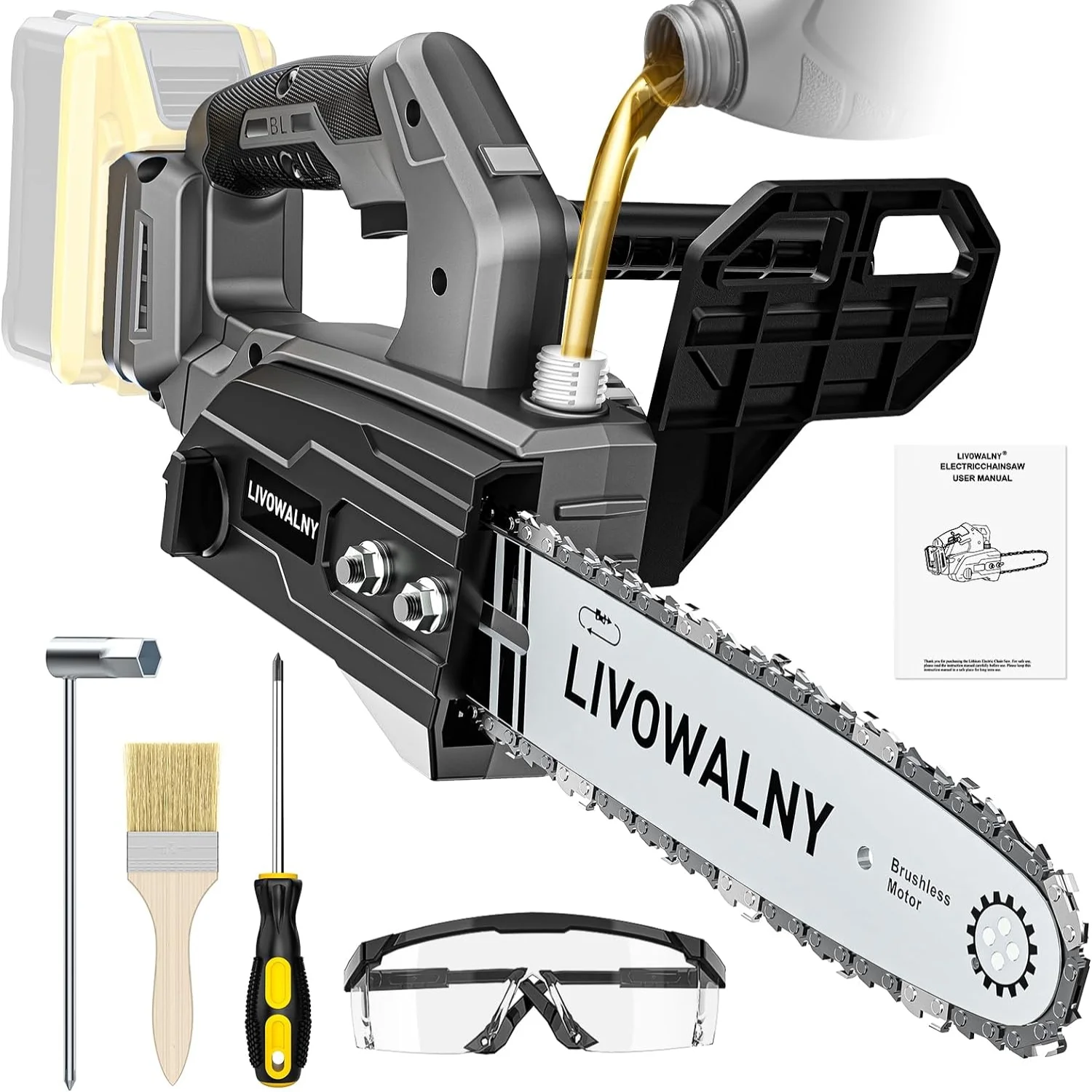 Cordless Chainsaw for Dewalt 20v Battery：12" Chain Saw Oil Lubrication System with Security Lock - LIVOWALNY Handheld Electric Chainsaw for Wood Cutting Tree Trimming Branches(no ba