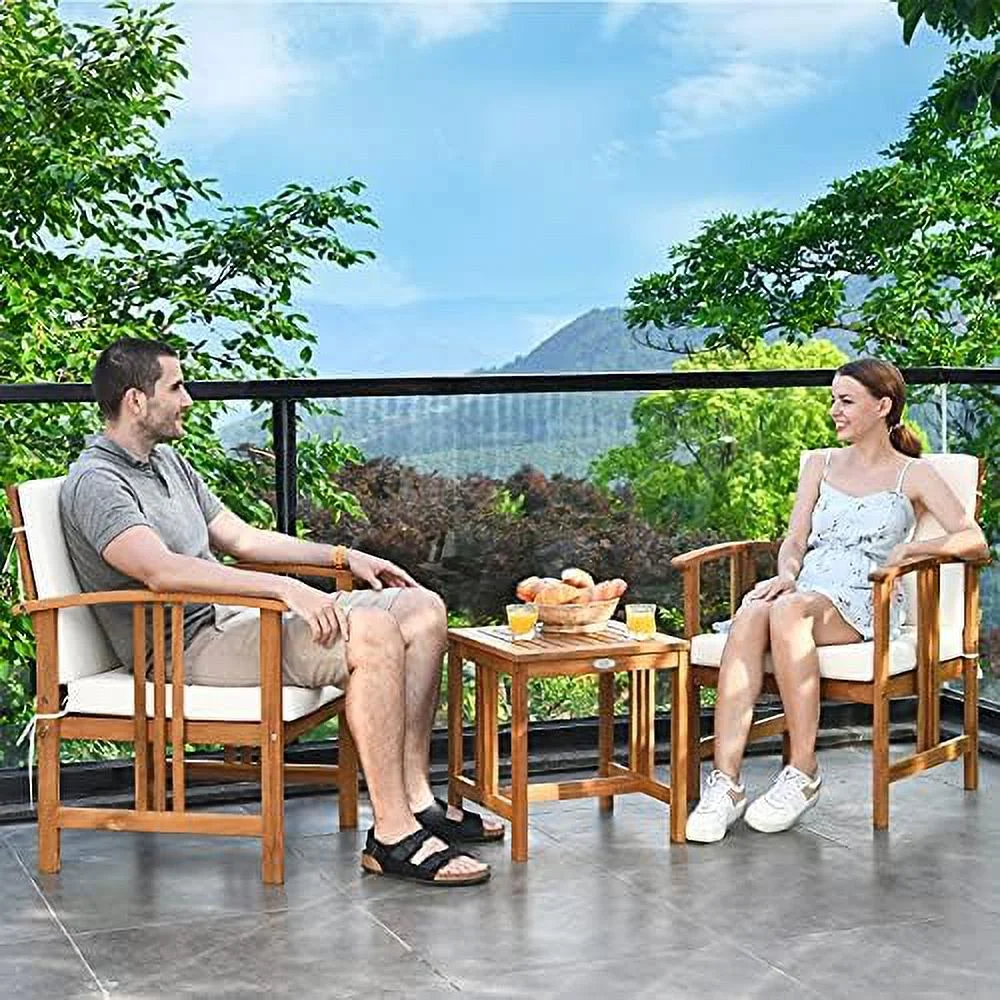 HBLUKDL 3 Pieces Patio  Set  Includes  Outdoor Acacia Wood Cushioned Chairs and Coffee Table  for Garden  Backyard  Poolside  Bistro and Deck  Patio Conversation Chat Set (White)