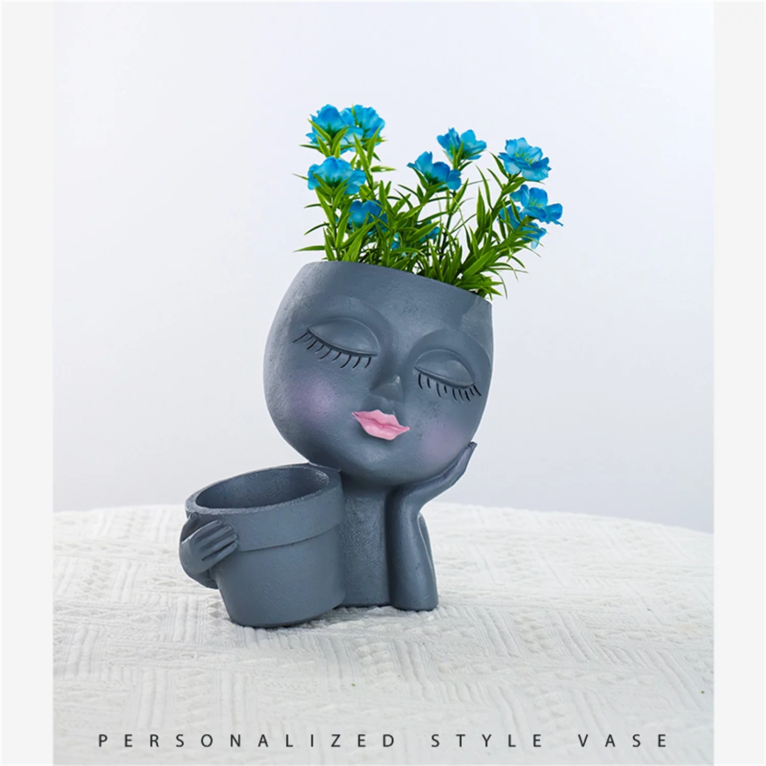 Face Planter Pot, Moyeeka Double Flower Pots in One - Face Flower Pots for Indoor and Outdoor Plants - Resin Head Planter Pots with Drainage Hole, Housewarming Gardening Gift for Women (Blue)