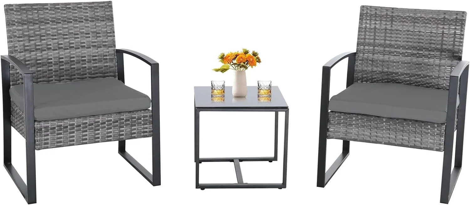 SQJIOK 3 Pieces Patio  Set  Balcony   Patio  All-Weather Wicker Chairs Conversation Set with Cushions  for Outdoor Backyard Porch Lawn (Black-Beige)