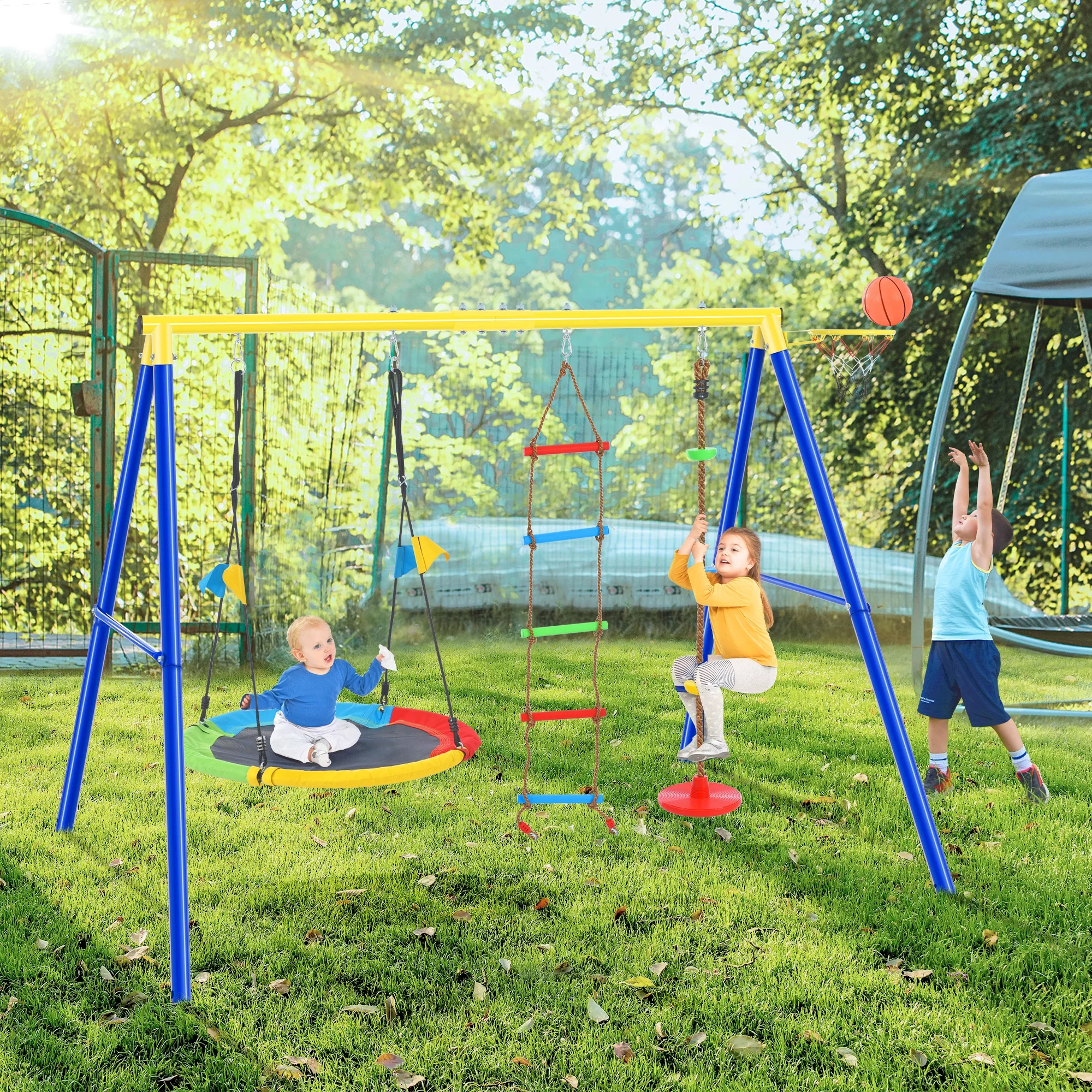 4 in 1 Outdoor Toddler Saucer Swing Set for Backyard, Playground Tree Swing Sets with Steel Frames, Climbing Rope with Disc Tree Swing Playset and Basketball Hoop for Kids