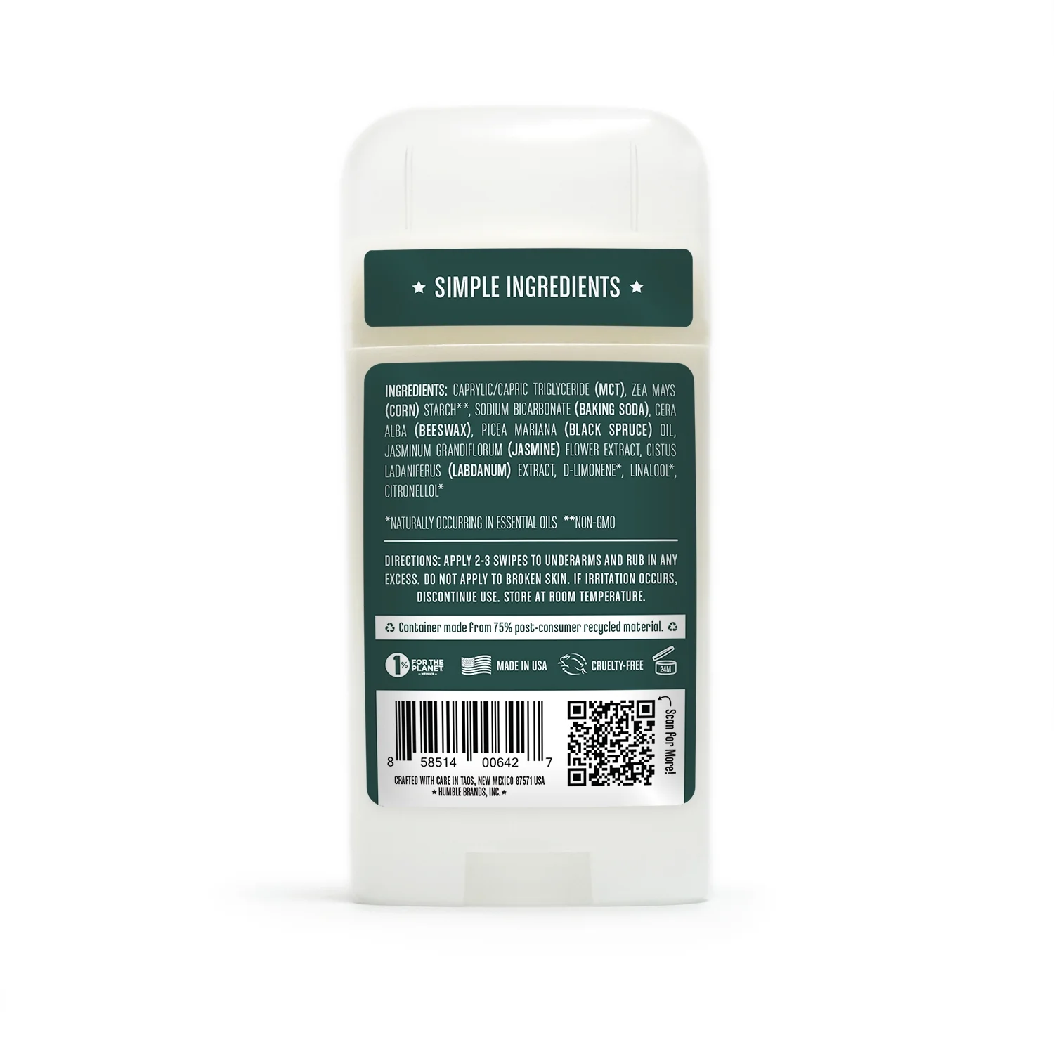Humble Brands Original Formula Aluminum Free Deodorant, Black Spruce, 2.5oz