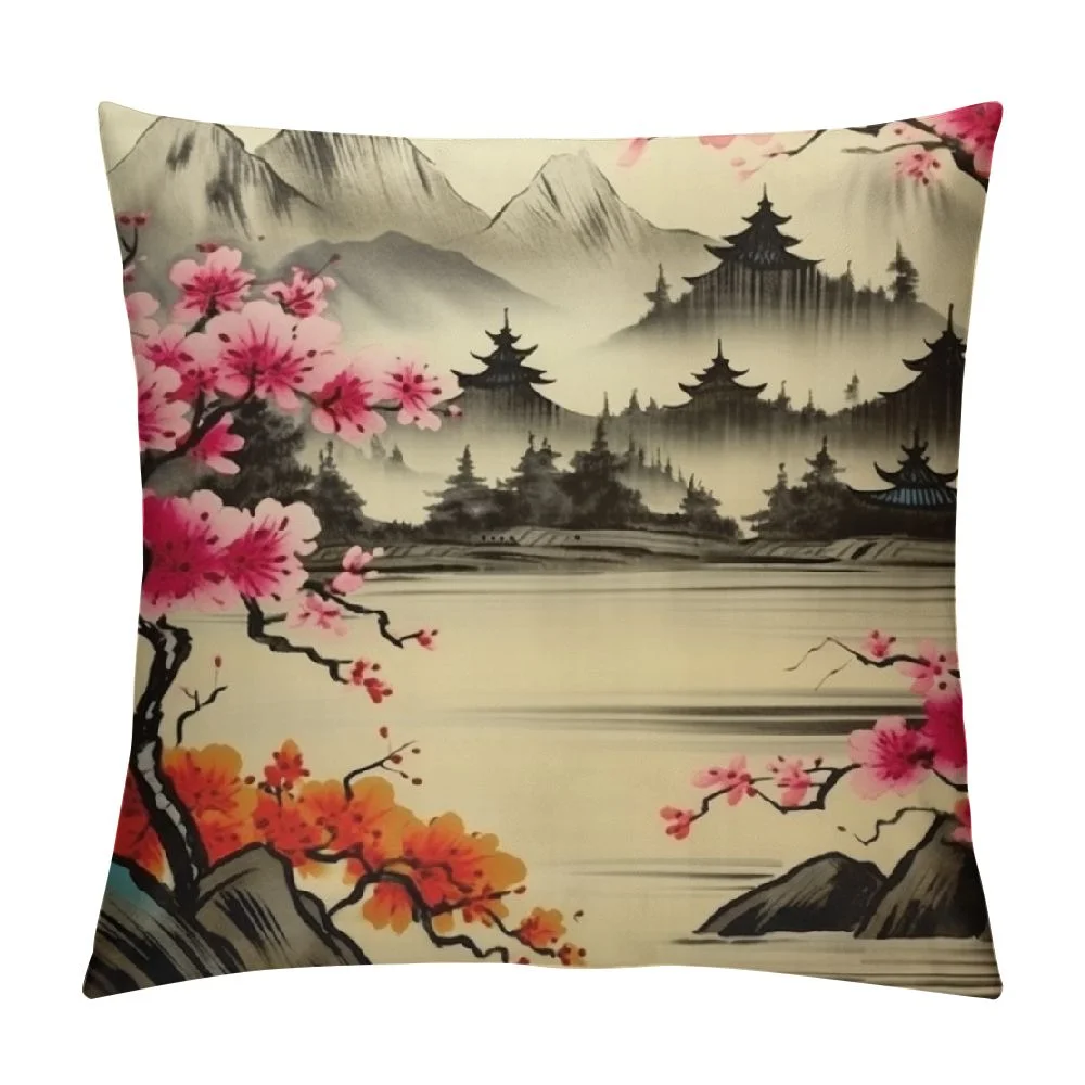 PIKWEEK Vintage Japanese Plum Blossom Throw Pillow Covers,Retro Traditional Watercolor Spring Cherry Blossoms Lakes Hills Girls Women Pliiow Covers for Living Room Bedroom Sofa Party Decor