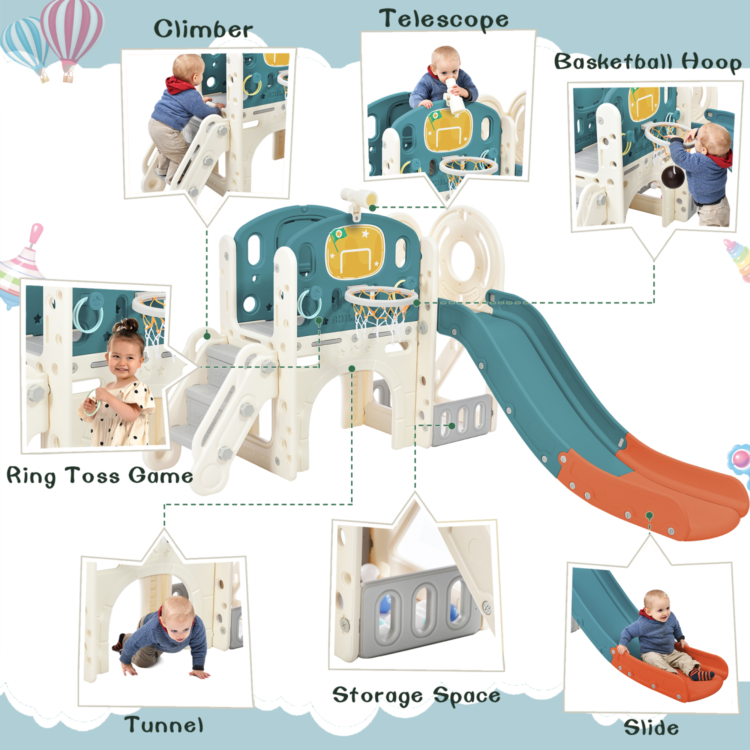 Fun and Portable Freestanding Kids Castle Climbing Playhouse with Slide  Tunnel  and Hoop - Outdoor Toy Storage Organizer for Toddlers! Includes Ring Toss and Basketball - Perfect Playset