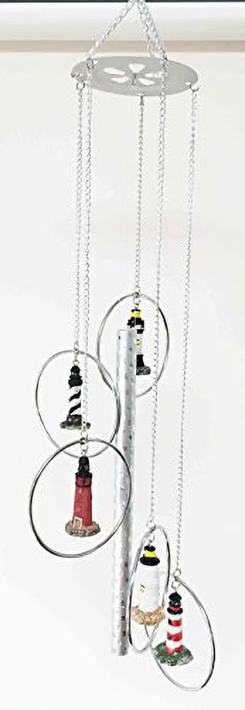 Five World Famous Light Houses In Rings Decor Resonant Relaxing Wind Chime Patio Aluminum And Resin Construction