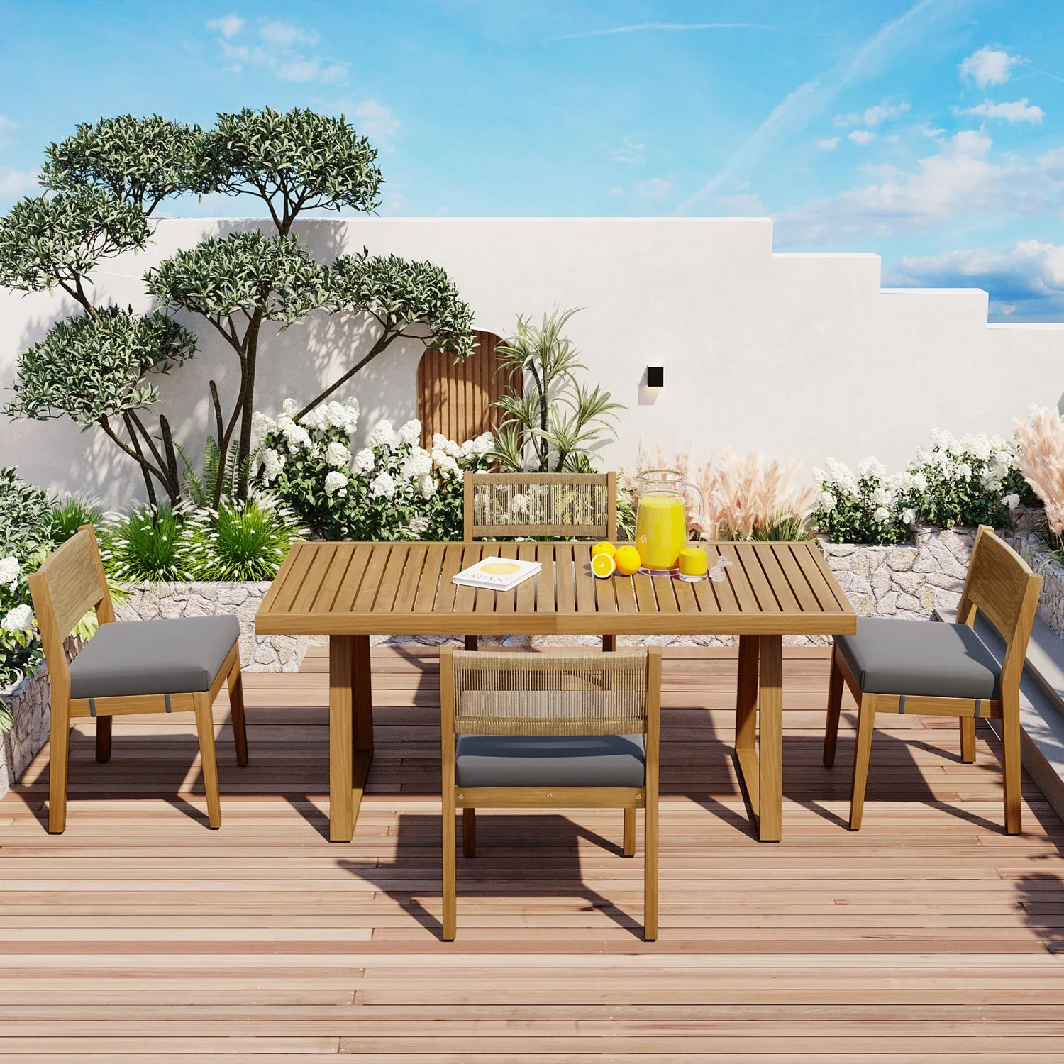 U_Style Multi-person Outdoor Acacia Wood Dining Table and Chair Set  Thick Cushions  Suitable for Balcony  Vourtyard  and Garden.