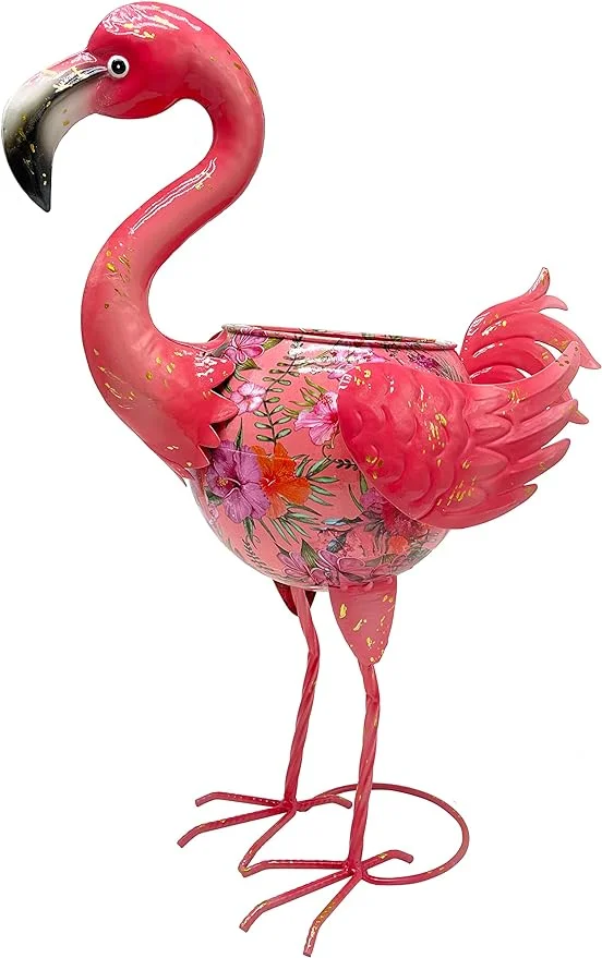 Metal Pink Planter with Floral Pattern Design, Flower Pot, Lawn and Patio Garden Decor, Sculpture Ornament, Bird Gift, Hand Painted Figurine, Yard Art