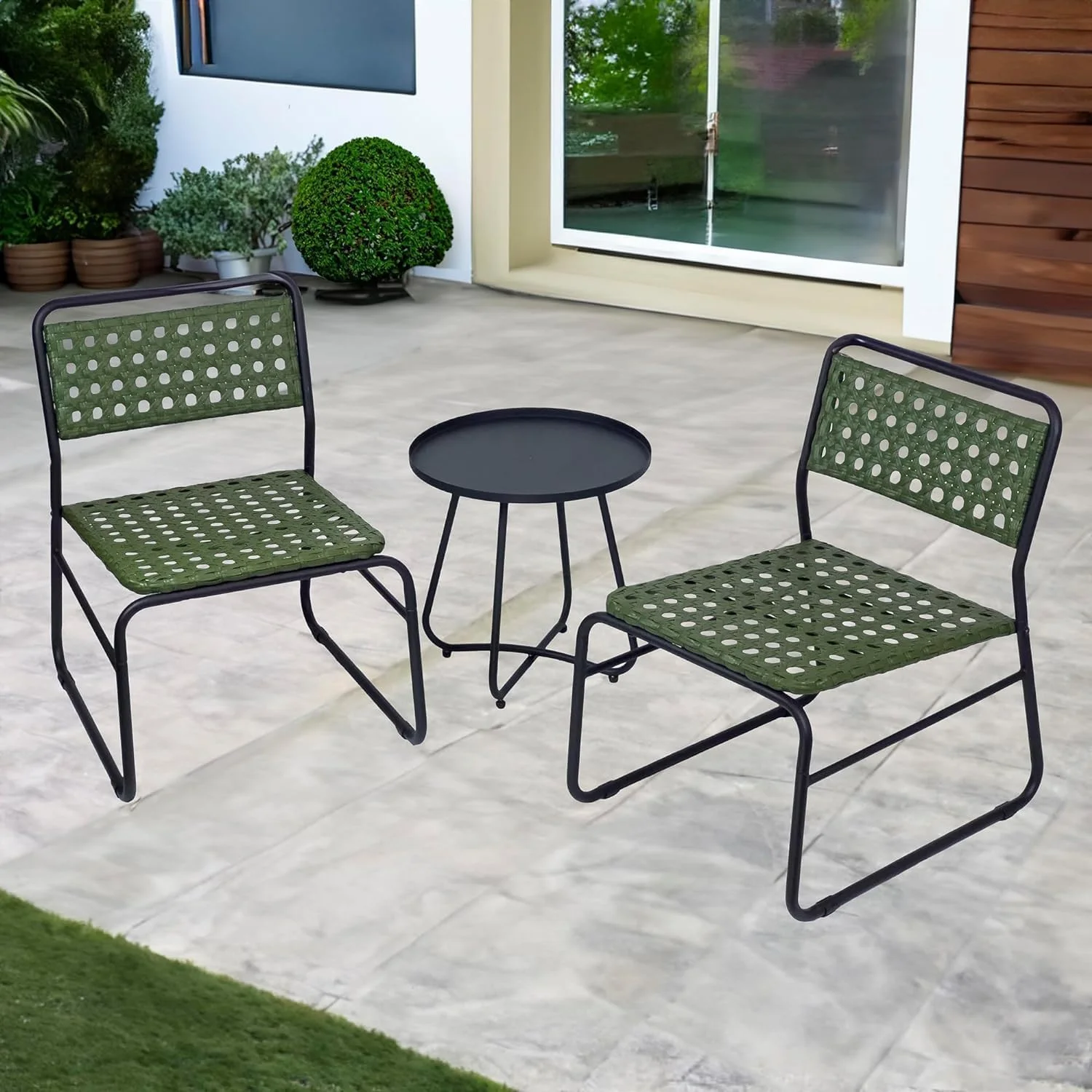 ZWNLKQG 3-Piece Outdoor Patio Bistro  and Chairs   Rattan Wicker Cast Aluminum Patio   Green (PBS-004GRN)
