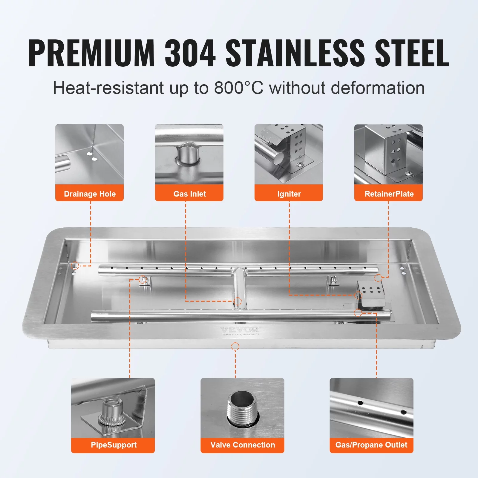 BENTISM 30x10 inch Drop-in Fire Pit Pan Fire Pit H-shape Burner Kit 125,000 BTU