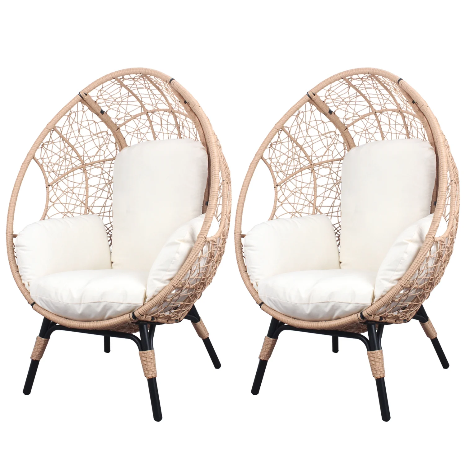 Enhance your outdoor living experience with 2 stylish and cozy patio PE wicker egg chairs in model 3  showcasing natural color rattan and plush beige cushion. Perfect for relaxing in the