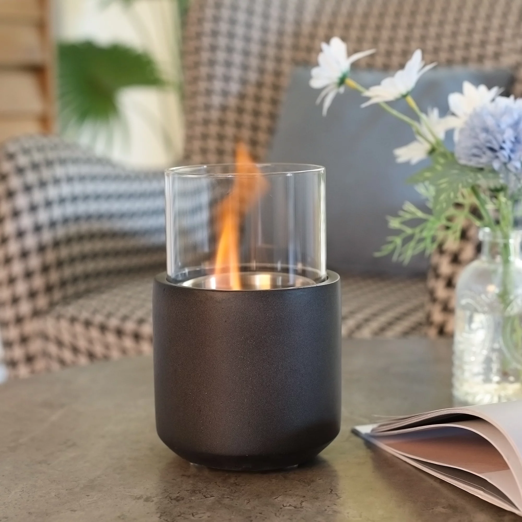 DeeHome Tabletop Fireplace, Mini Concrete Ethanol Fire Bowl with Lid, Burns up with Liquid Alcohol and Solid Tablet Alcohol, Dark Grey