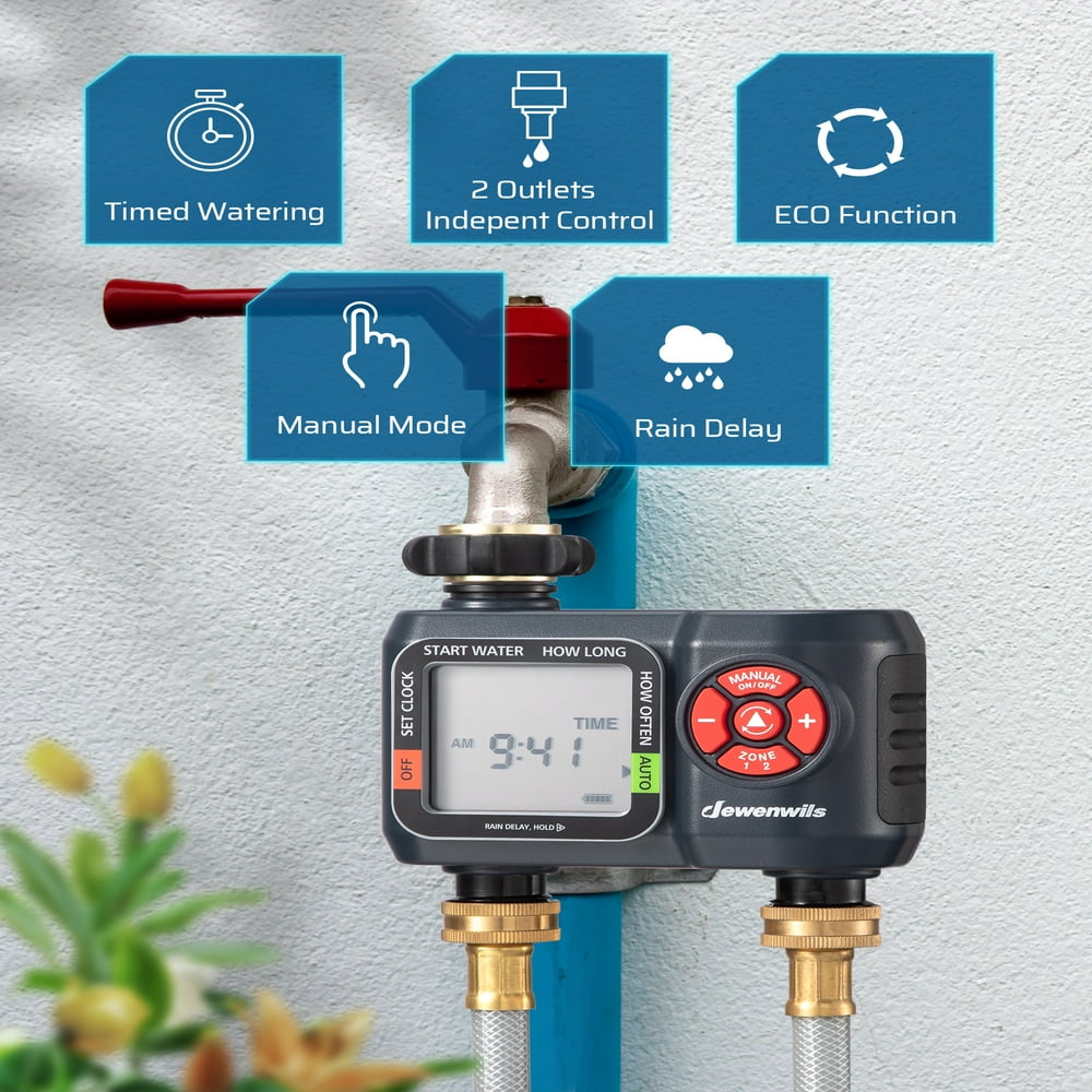 NEWCE Water Timer 2 Zone  Hose Timer with Rain Delay/Manual Watering/Automatic Sprinkler Irrigation Timer  Programmable Outdoor Faucet Timer for Garden  Yard  Lawn